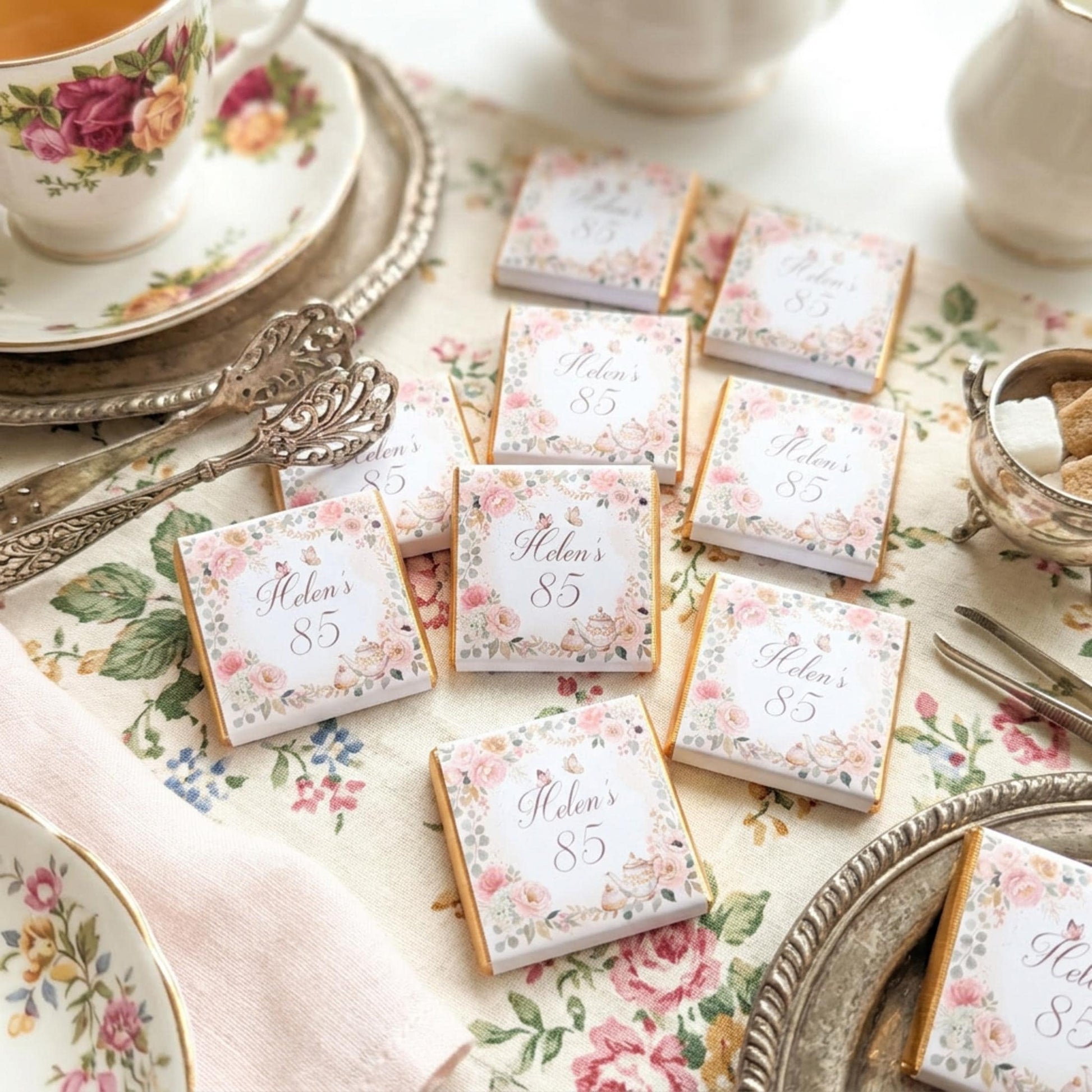 Personalised Vintage Tea Party Chocolate Favours - 80th Birthday Table Decor
