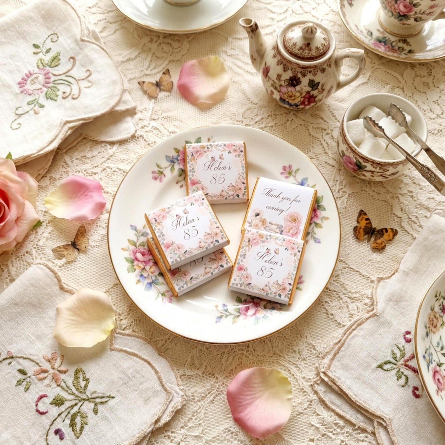 Personalised Vintage Tea Party Chocolate Favours - 80th Birthday Table Decor