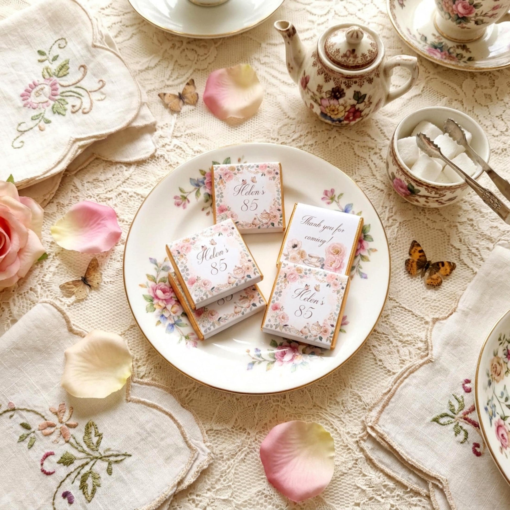 Personalised Vintage Tea Party Chocolate Favours - 80th Birthday Table Decor