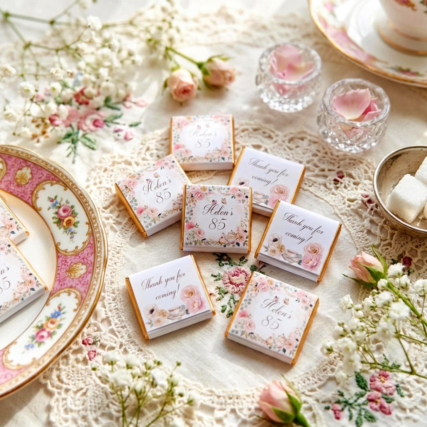 Personalised Vintage Tea Party Chocolate Favours - 80th Birthday Table Decor