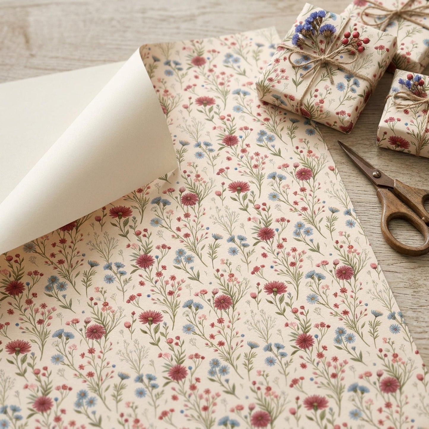 Vintage Little Red and Blue Wildflower Wrapping Paper, Large Size