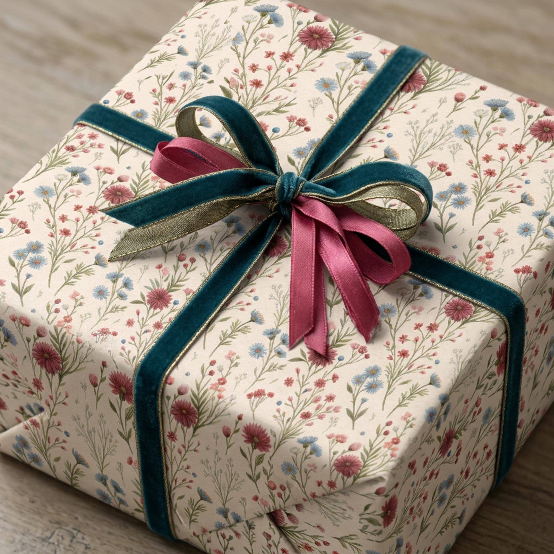 Vintage Little Red and Blue Wildflower Wrapping Paper, Large Size