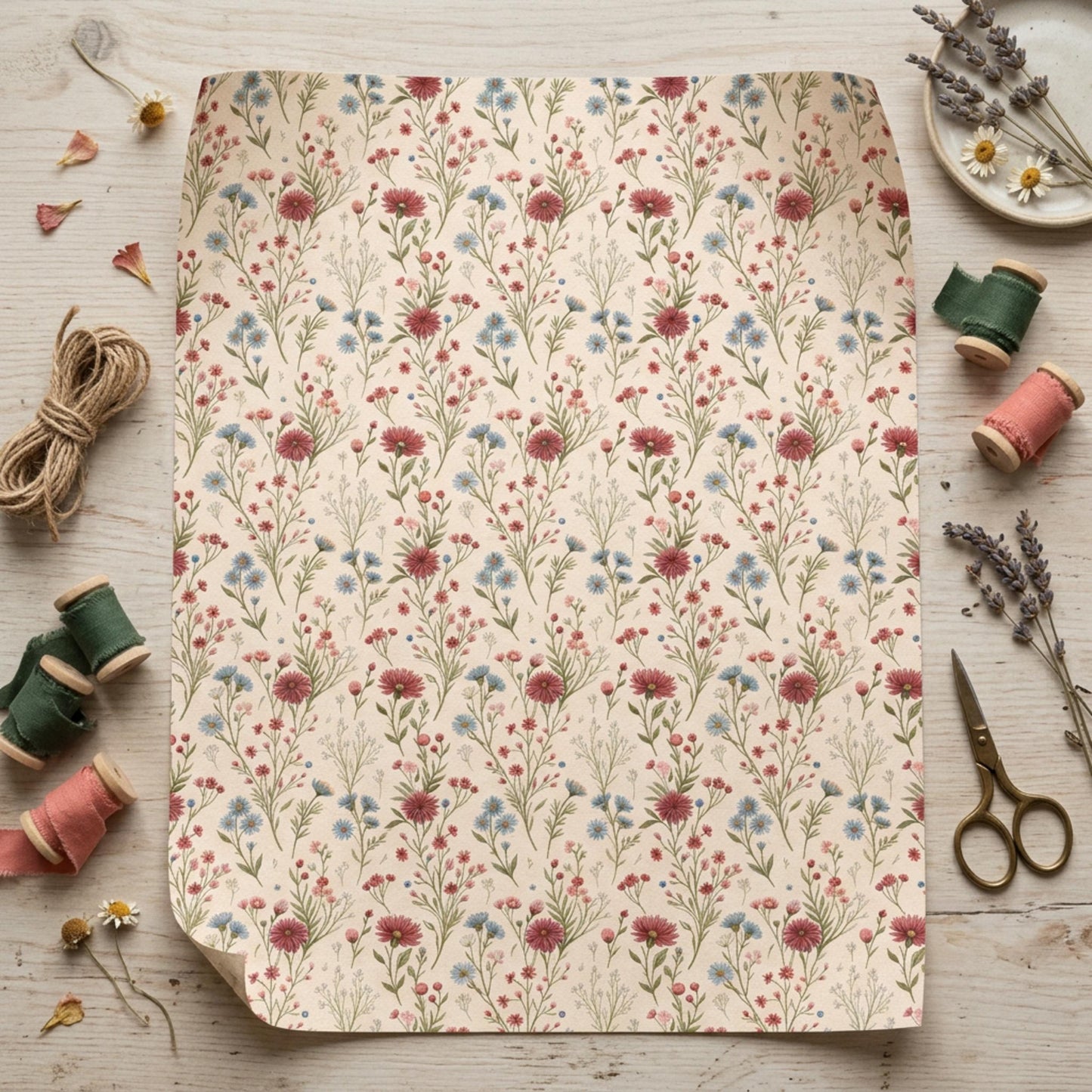 Vintage Little Red and Blue Wildflower Wrapping Paper, Large Size