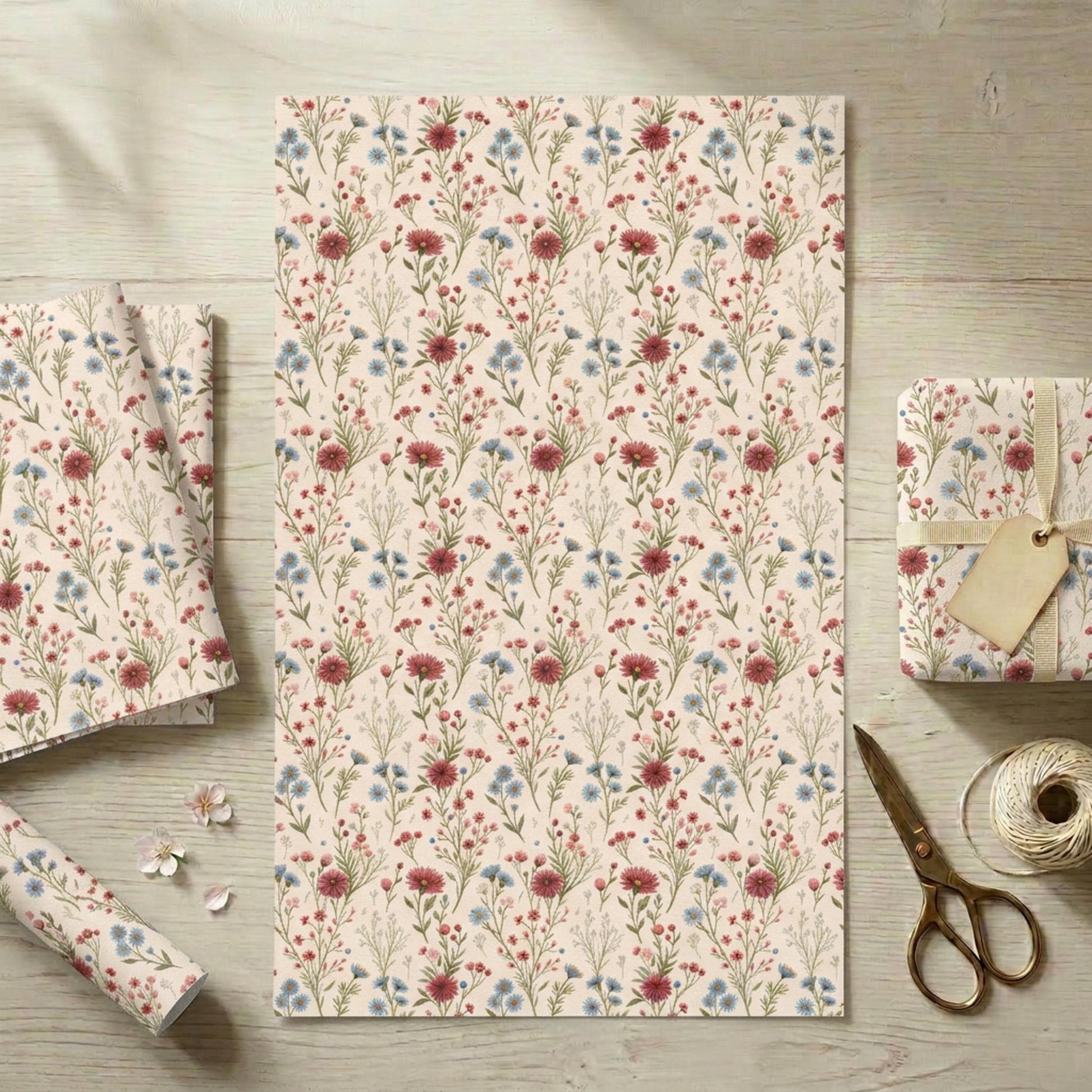 Vintage Little Red and Blue Wildflower Wrapping Paper, Large Size