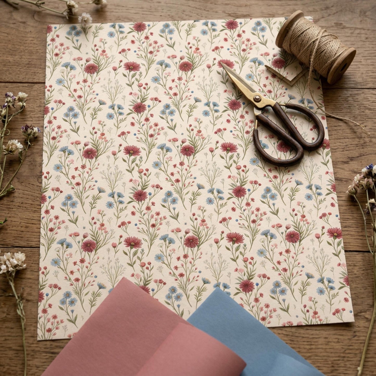 Vintage Little Red and Blue Wildflower Wrapping Paper, Large Size
