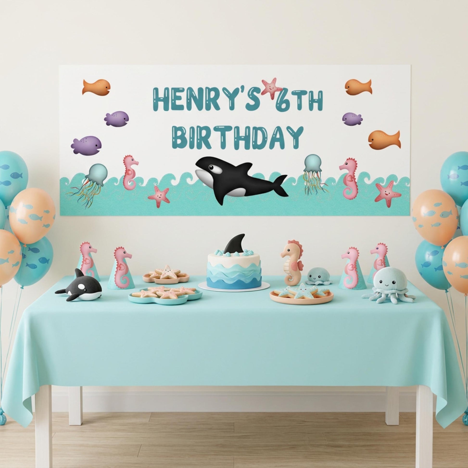 Personalised Under the Sea Birthday Banner, Orca Whale Party Backdrop, Ocean Sea Life Poster