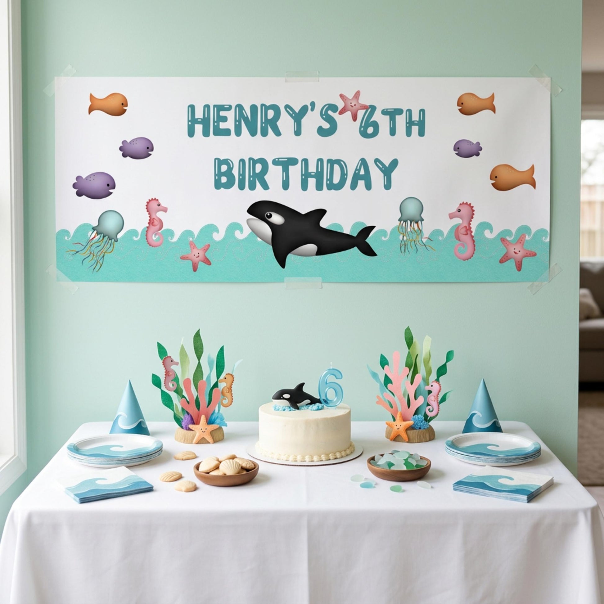 Personalised Under the Sea Birthday Banner, Orca Whale Party Backdrop, Ocean Sea Life Poster