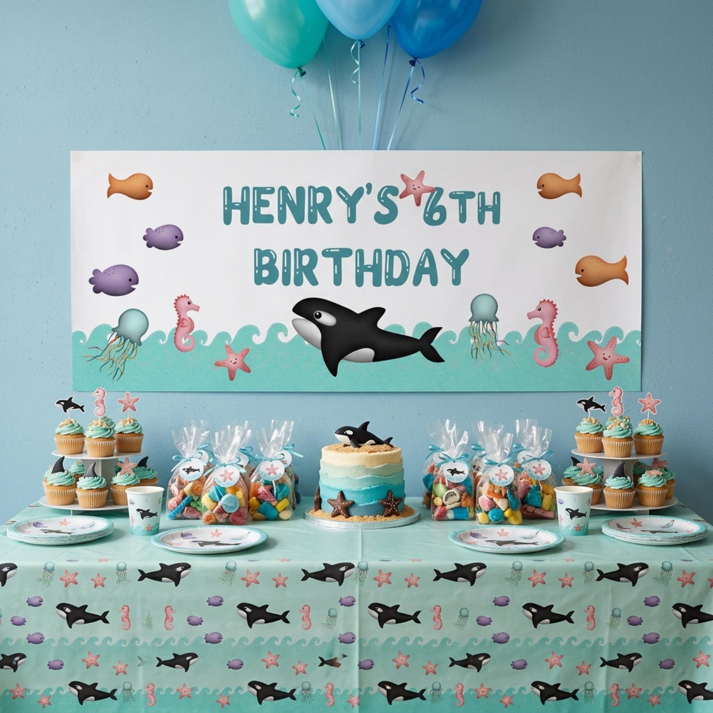 Personalised Under the Sea Birthday Banner, Orca Whale Party Backdrop, Ocean Sea Life Poster