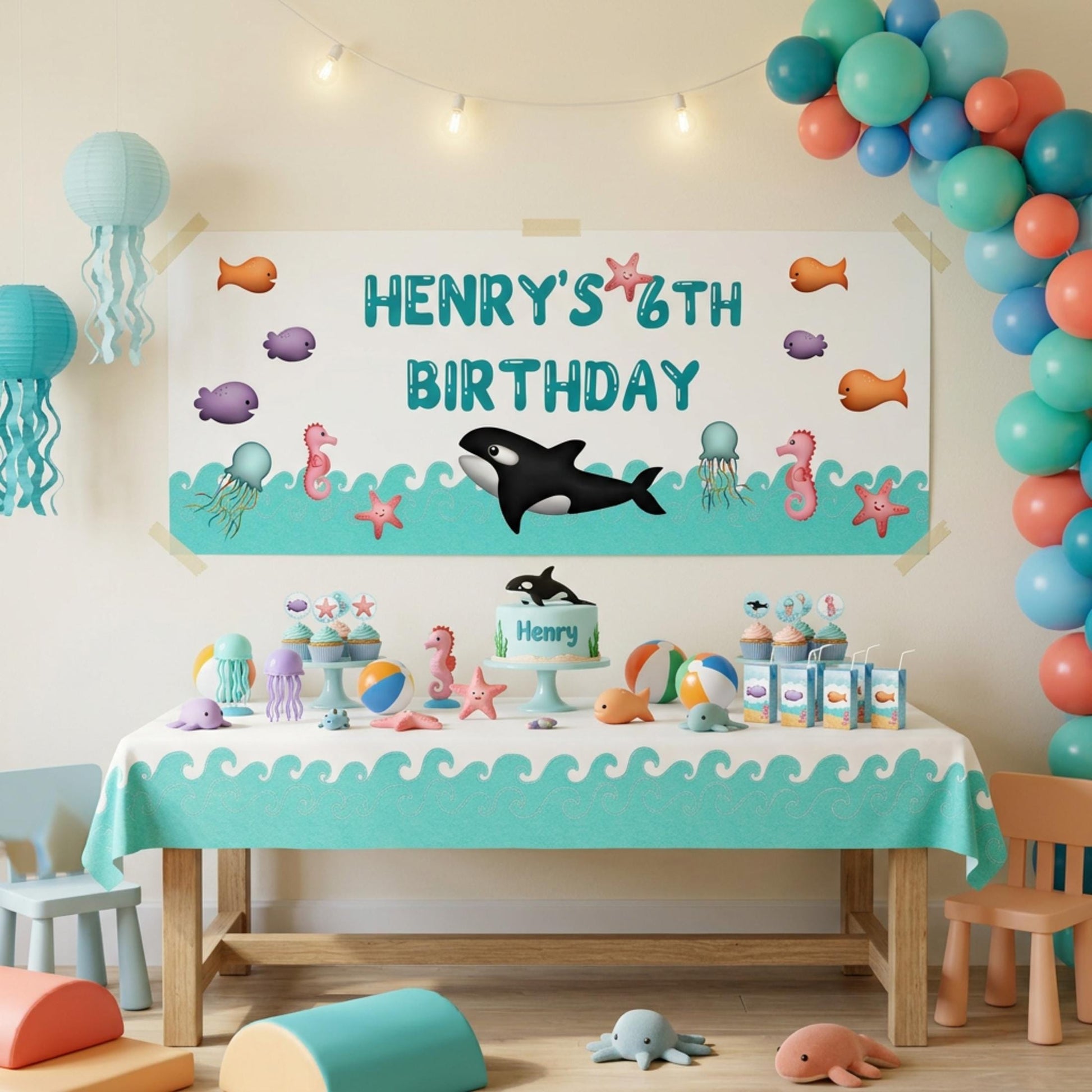 Personalised Under the Sea Birthday Banner, Orca Whale Party Backdrop, Ocean Sea Life Poster