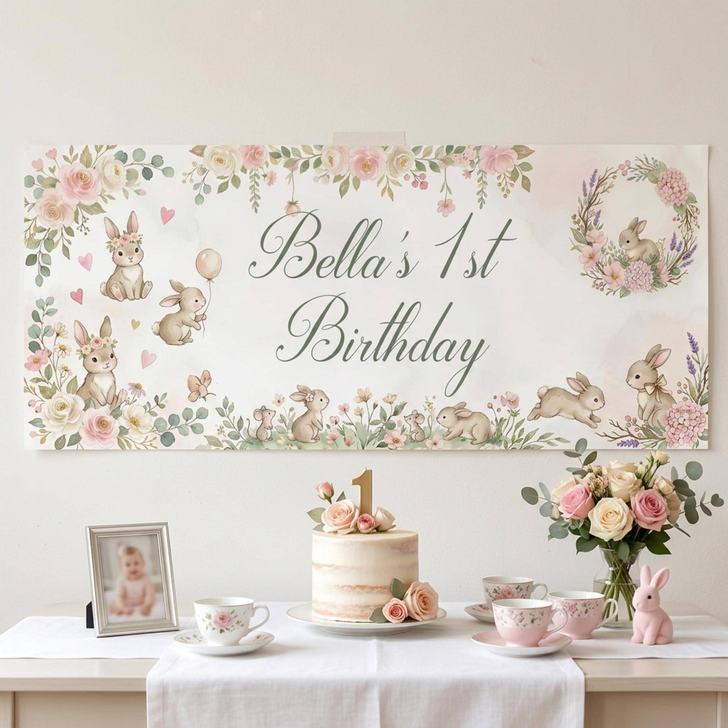 Personalised Bunny 1st Birthday Banner for Girls