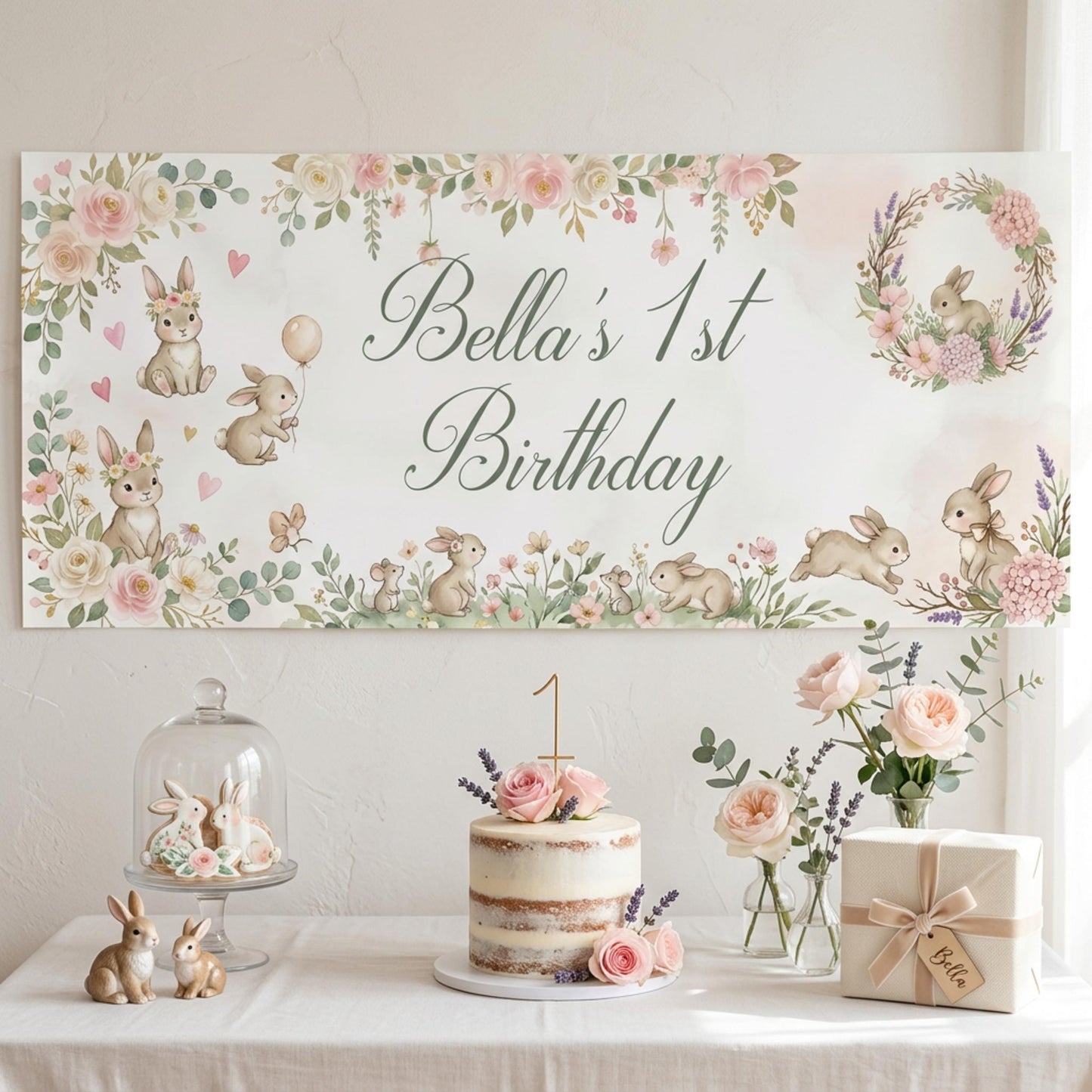 Personalised Bunny 1st Birthday Banner for Girls