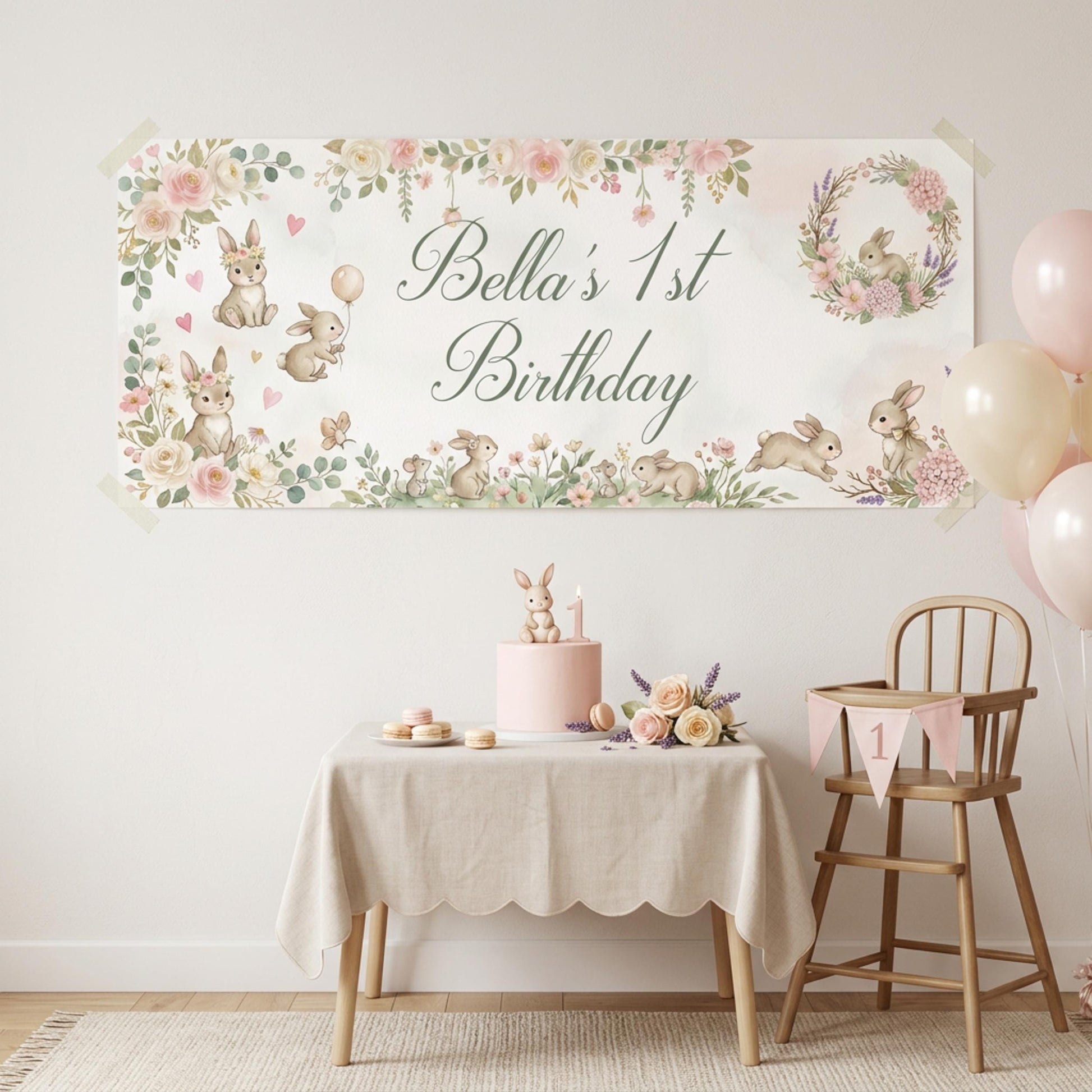 Personalised Bunny 1st Birthday Banner for Girls