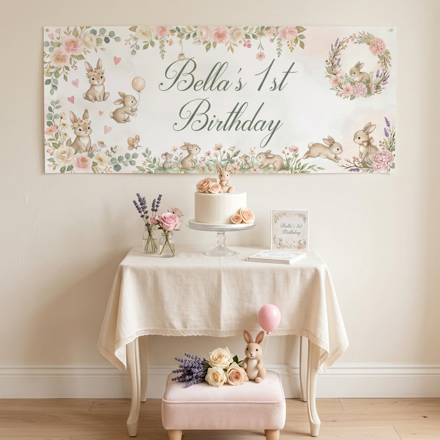 Personalised Bunny 1st Birthday Banner for Girls
