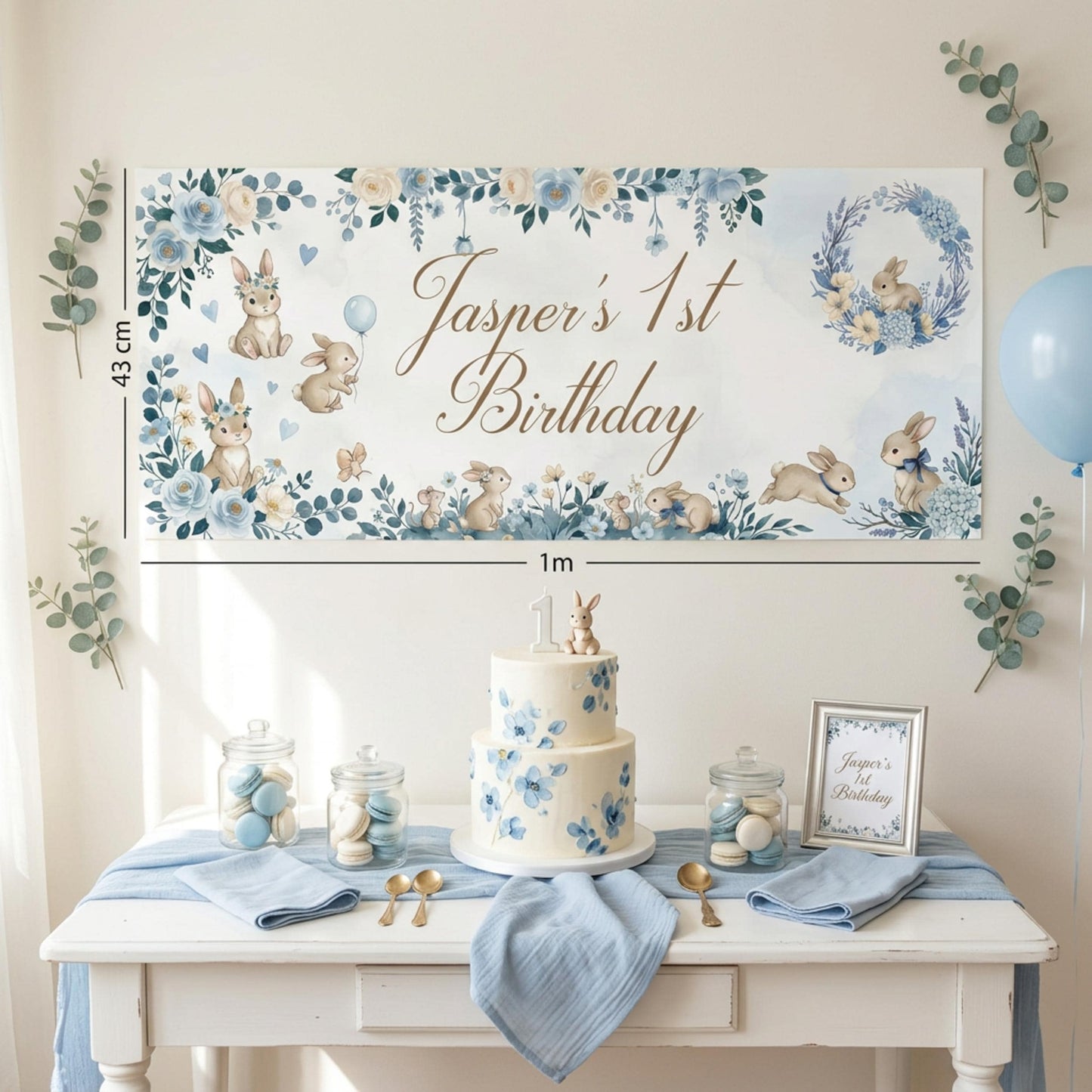 Personalised Dark Blue Bunny 1st Birthday Banner for Boys