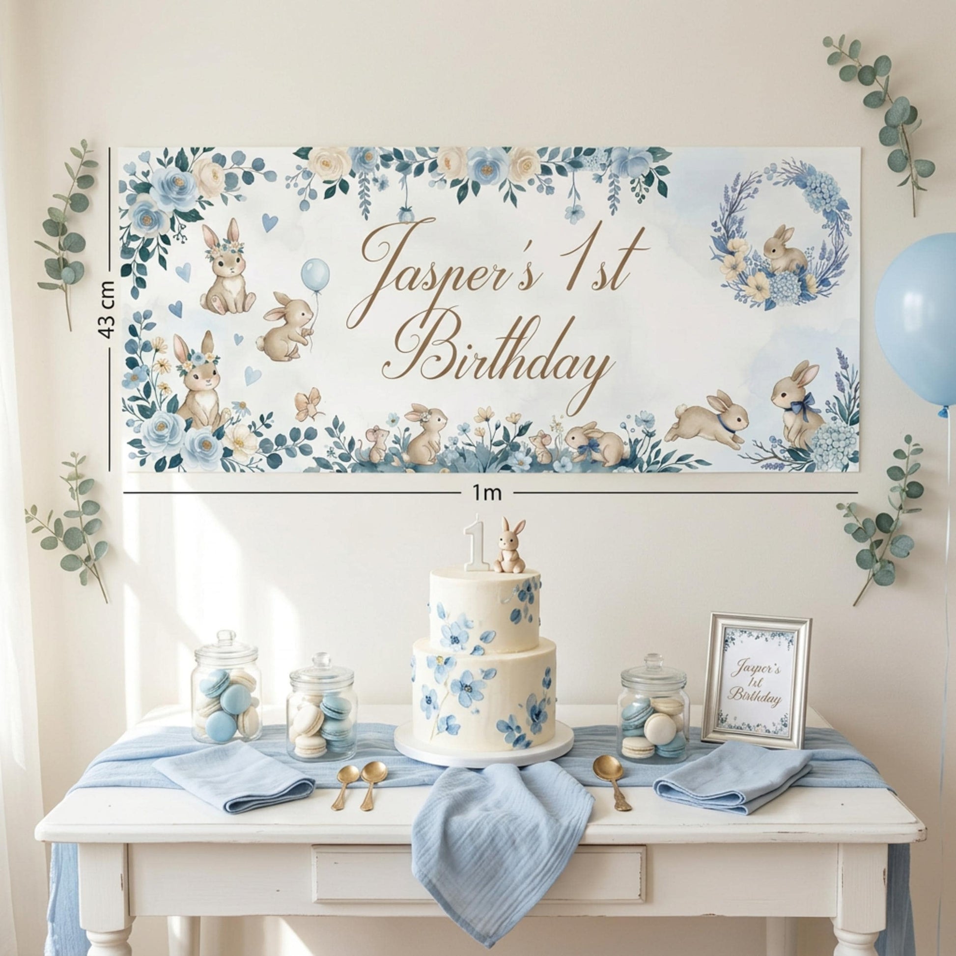 Personalised Dark Blue Bunny 1st Birthday Banner for Boys