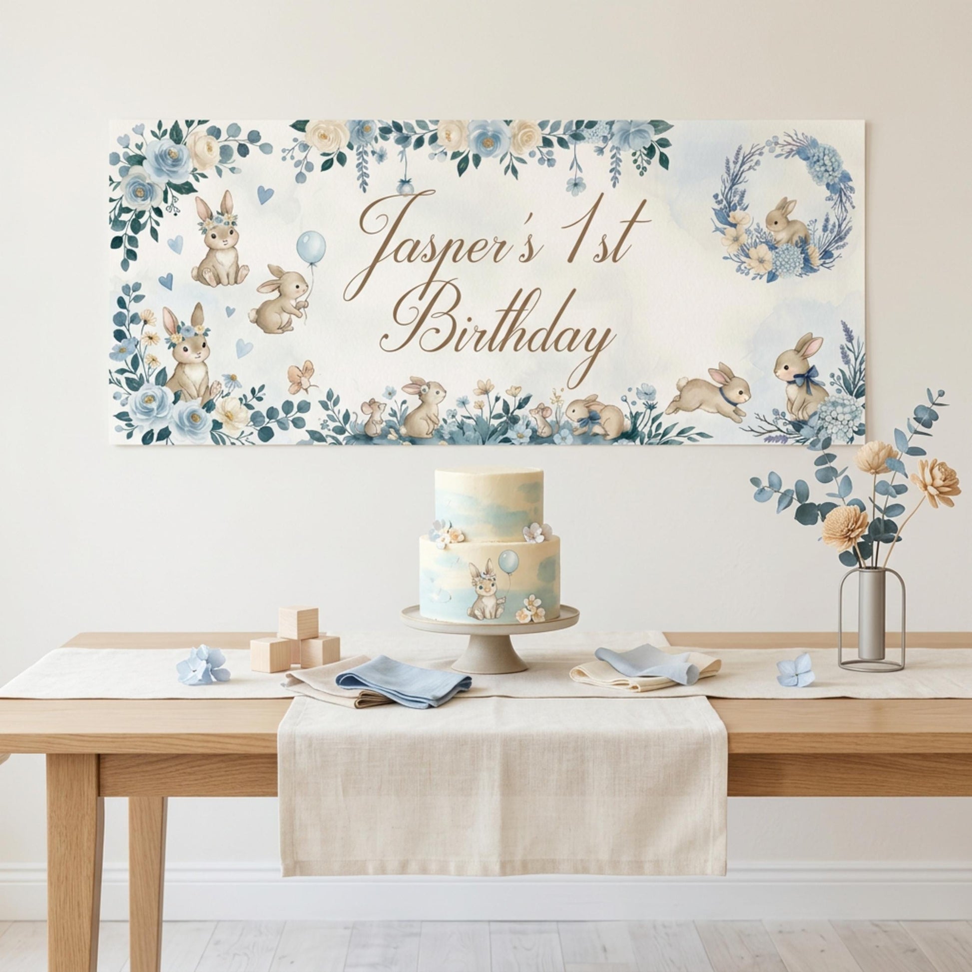 Personalised Dark Blue Bunny 1st Birthday Banner for Boys