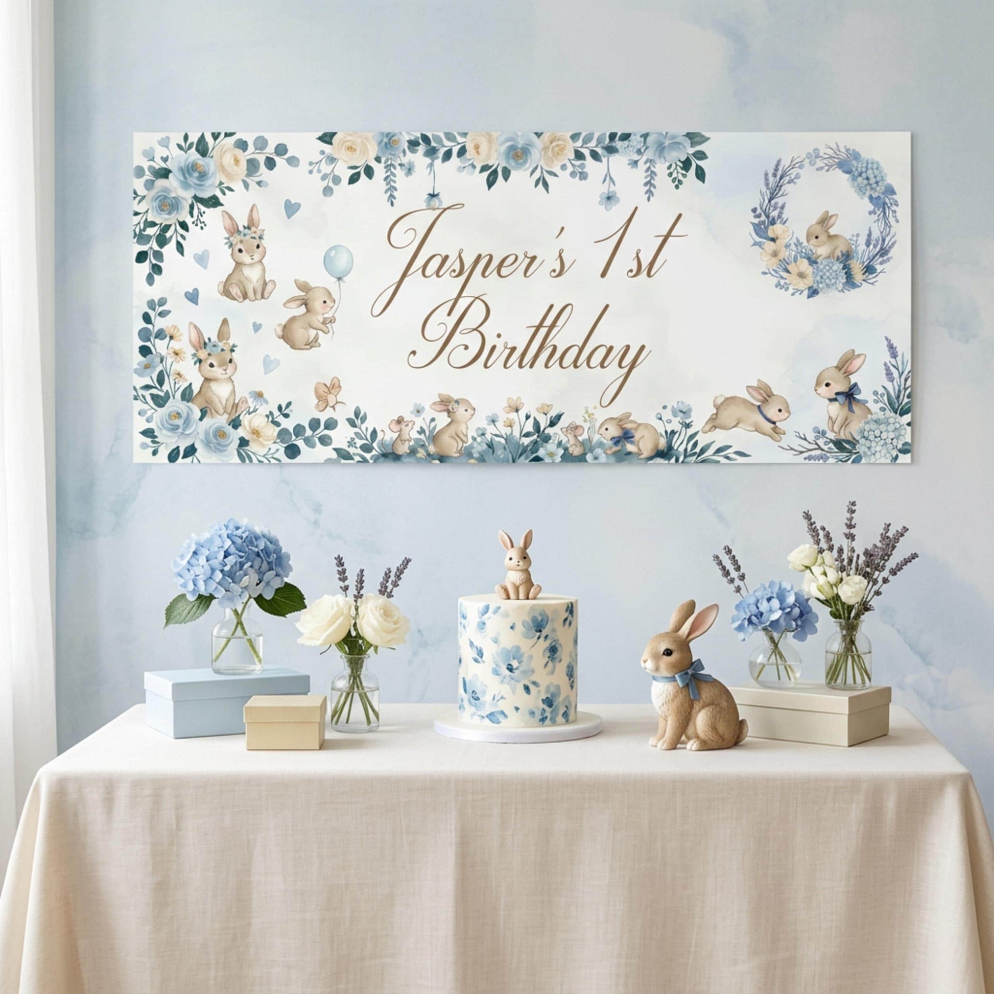 Personalised Dark Blue Bunny 1st Birthday Banner for Boys