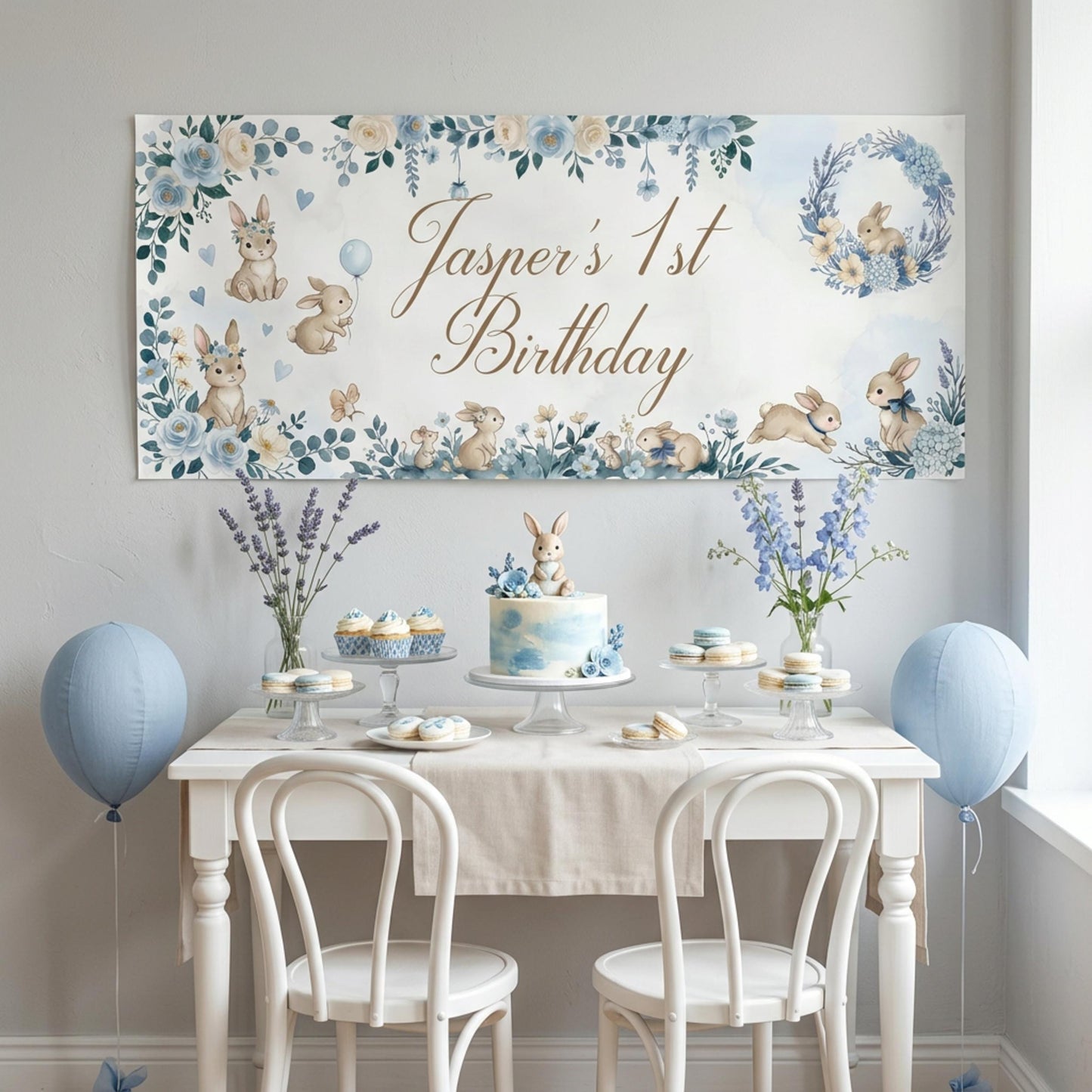 Personalised Dark Blue Bunny 1st Birthday Banner for Boys