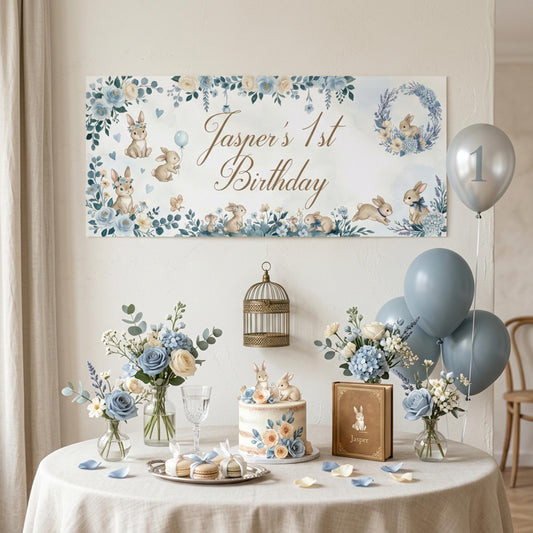 Personalised Dark Blue Bunny 1st Birthday Banner for Boys
