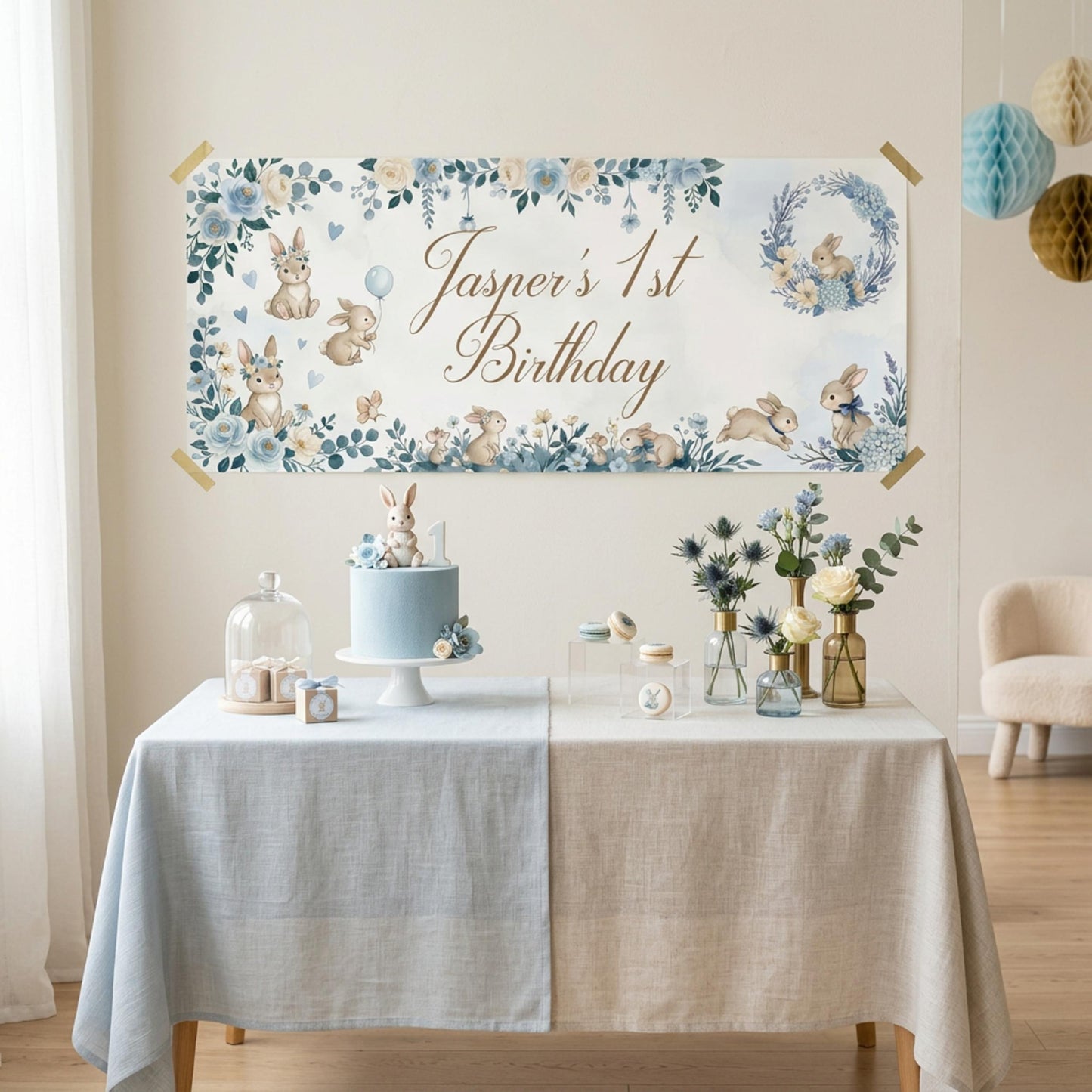 Personalised Dark Blue Bunny 1st Birthday Banner for Boys