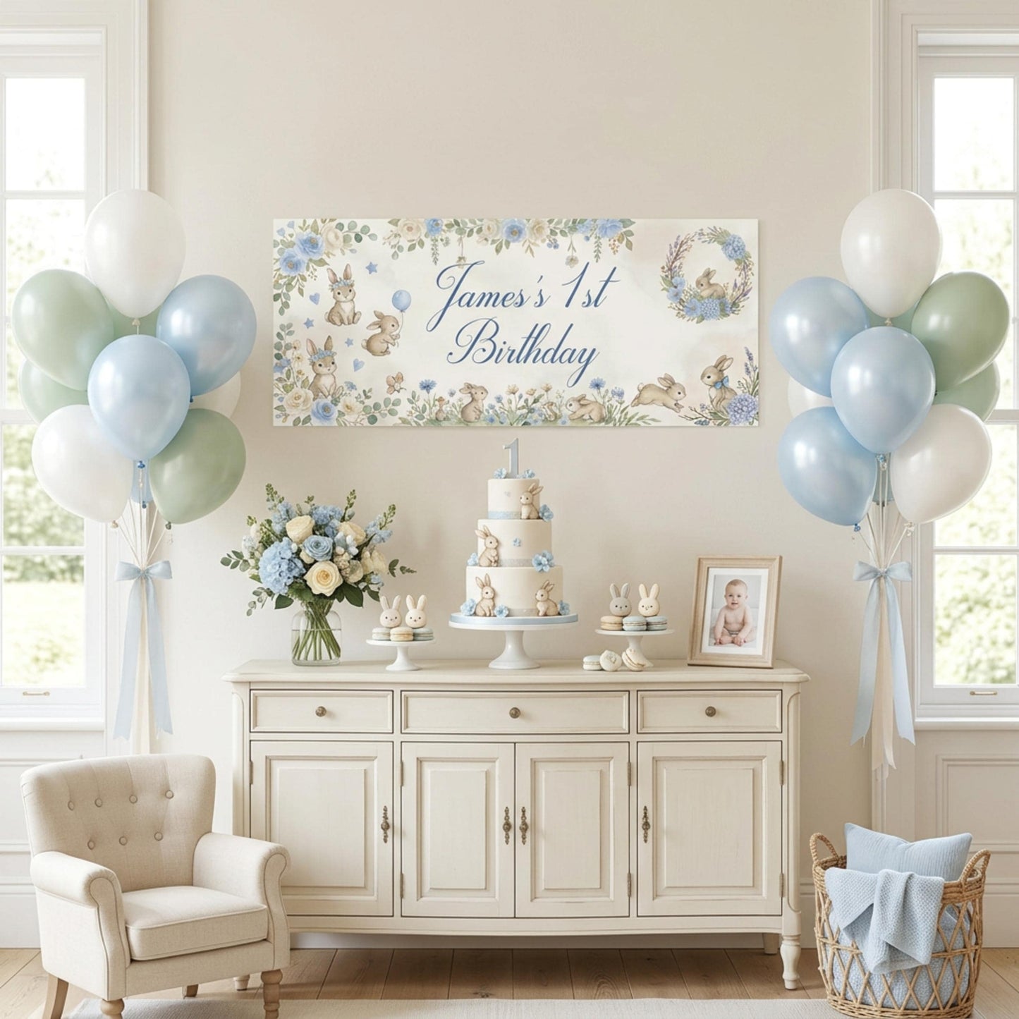 Personalised Light Blue Bunny 1st Birthday Banner for Boys