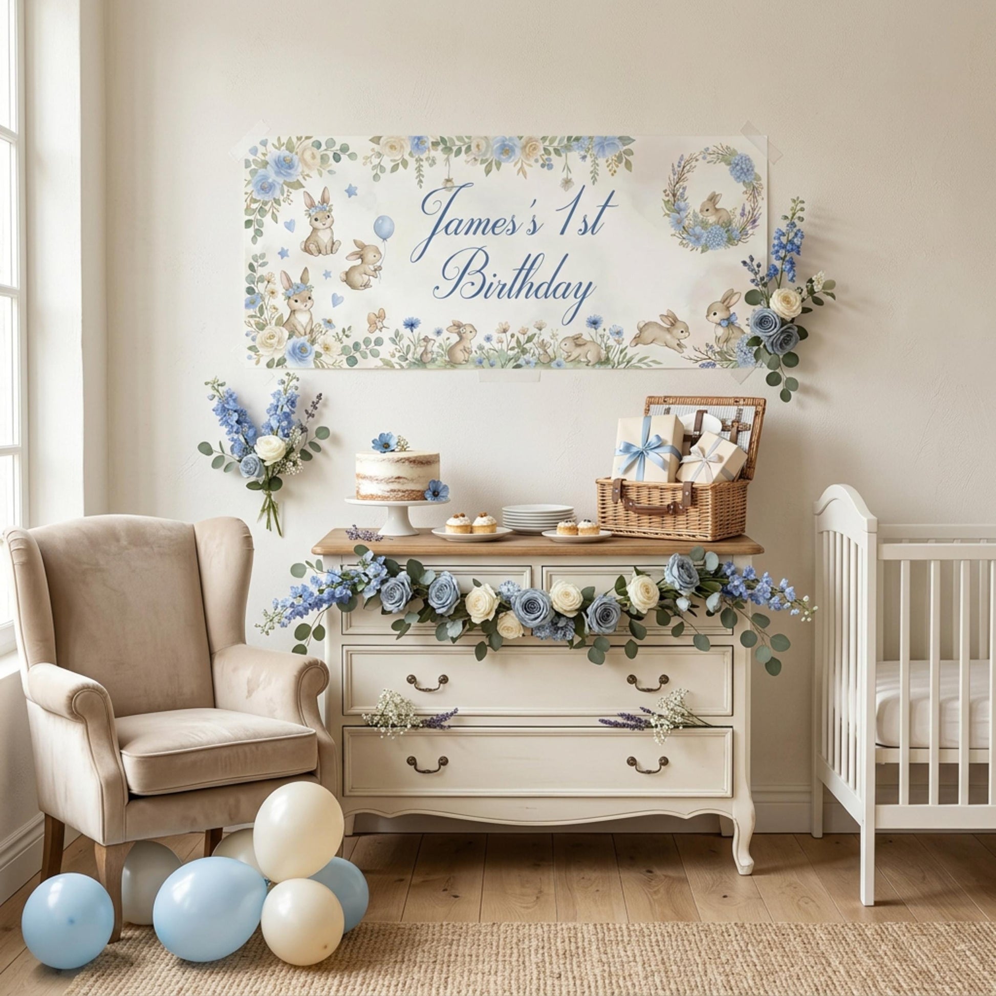 Personalised Light Blue Bunny 1st Birthday Banner for Boys