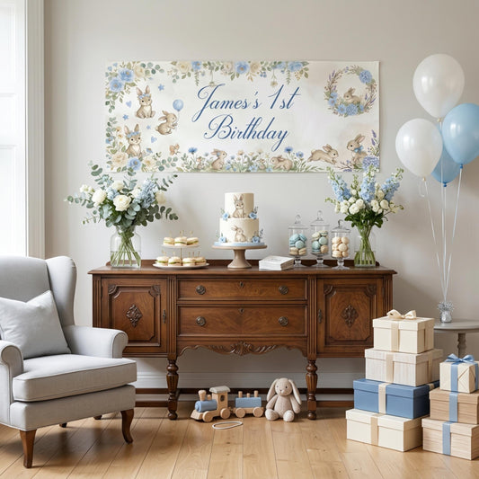 Personalised Light Blue Bunny 1st Birthday Banner for Boys