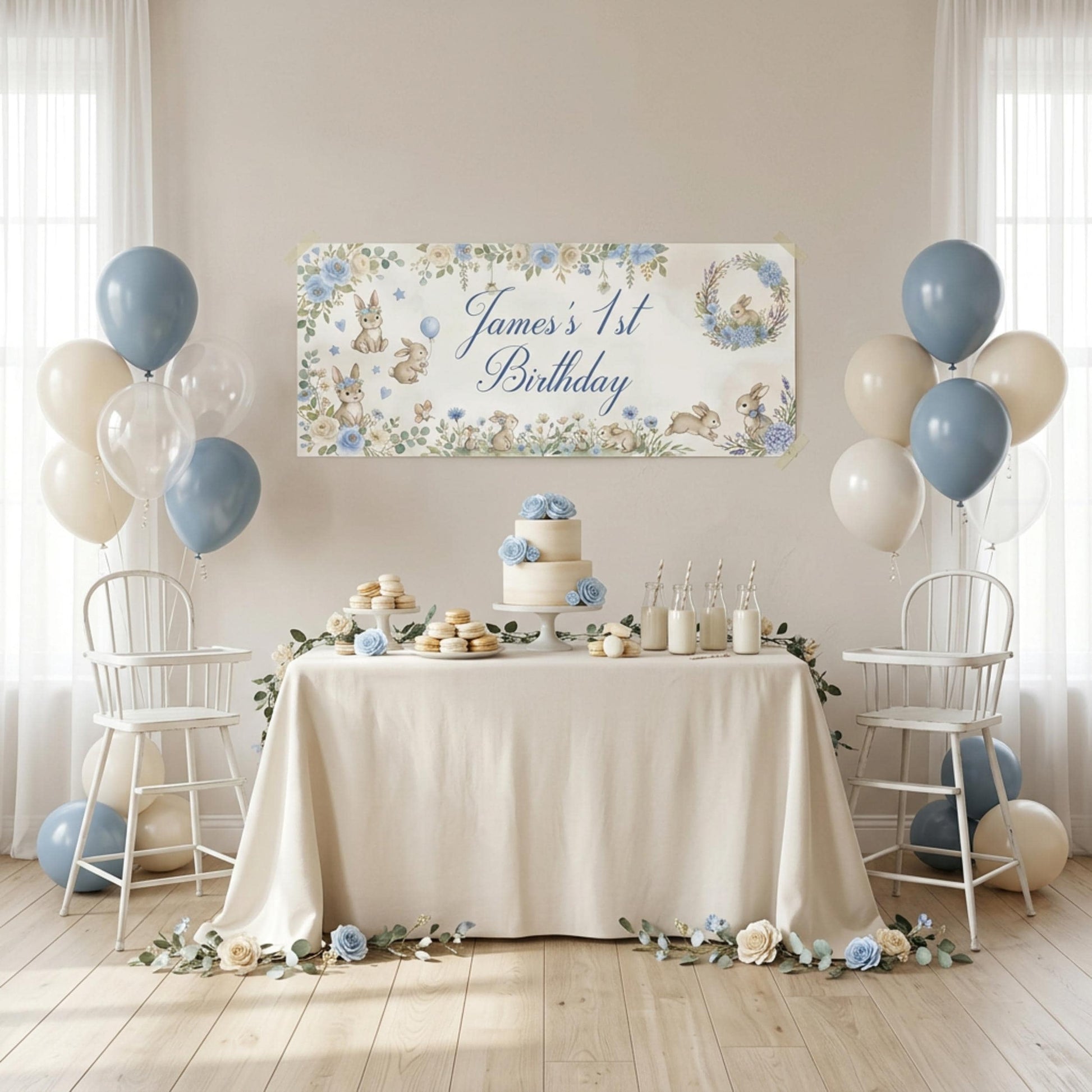 Personalised Light Blue Bunny 1st Birthday Banner for Boys
