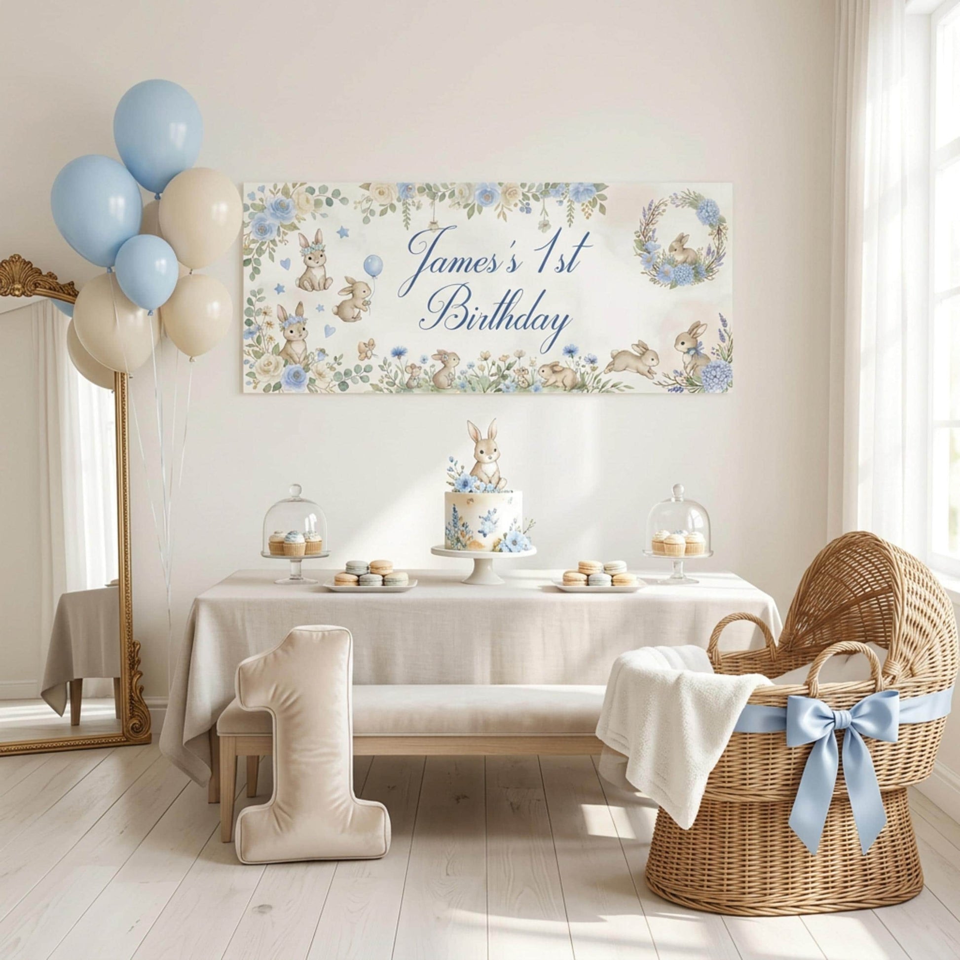 Personalised Light Blue Bunny 1st Birthday Banner for Boys