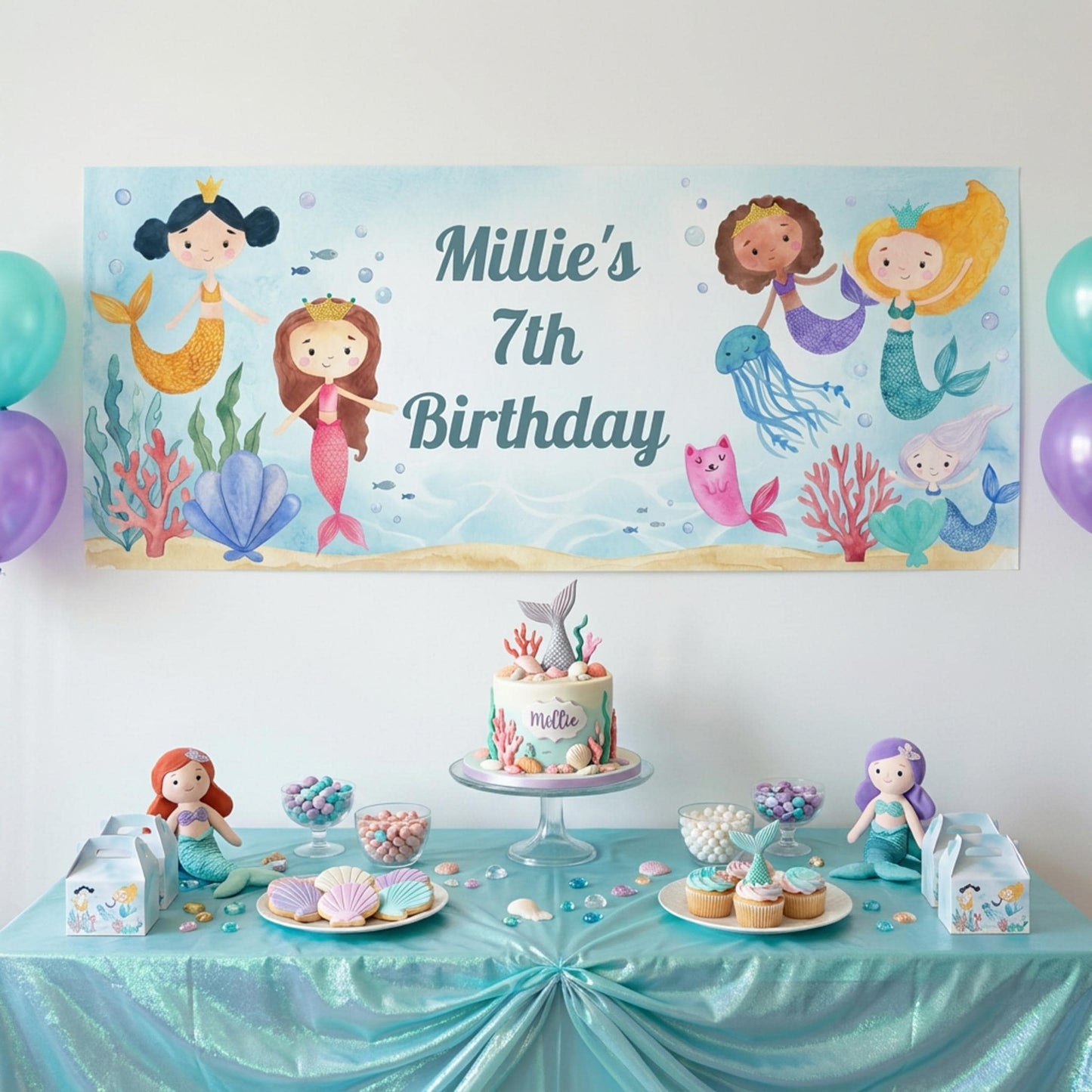 Personalised Mermaid Birthday Banner, Under the Sea Backdrop, Girls magical Ocean Poster