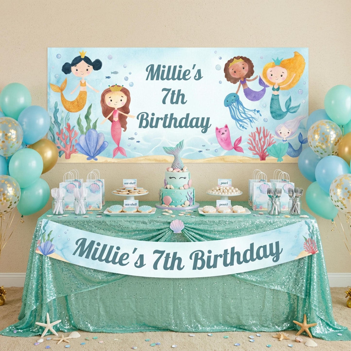 Personalised Mermaid Birthday Banner, Under the Sea Backdrop, Girls magical Ocean Poster