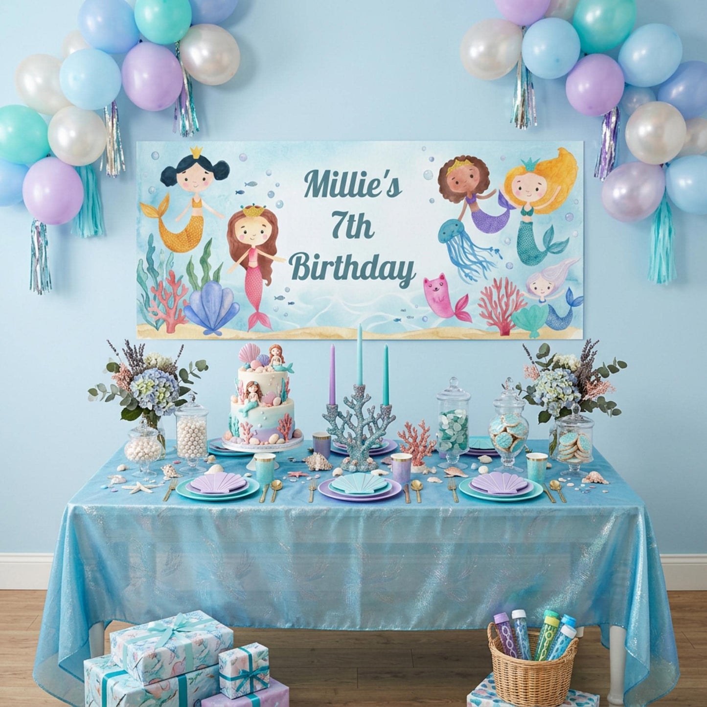 Personalised Mermaid Birthday Banner, Under the Sea Backdrop, Girls magical Ocean Poster