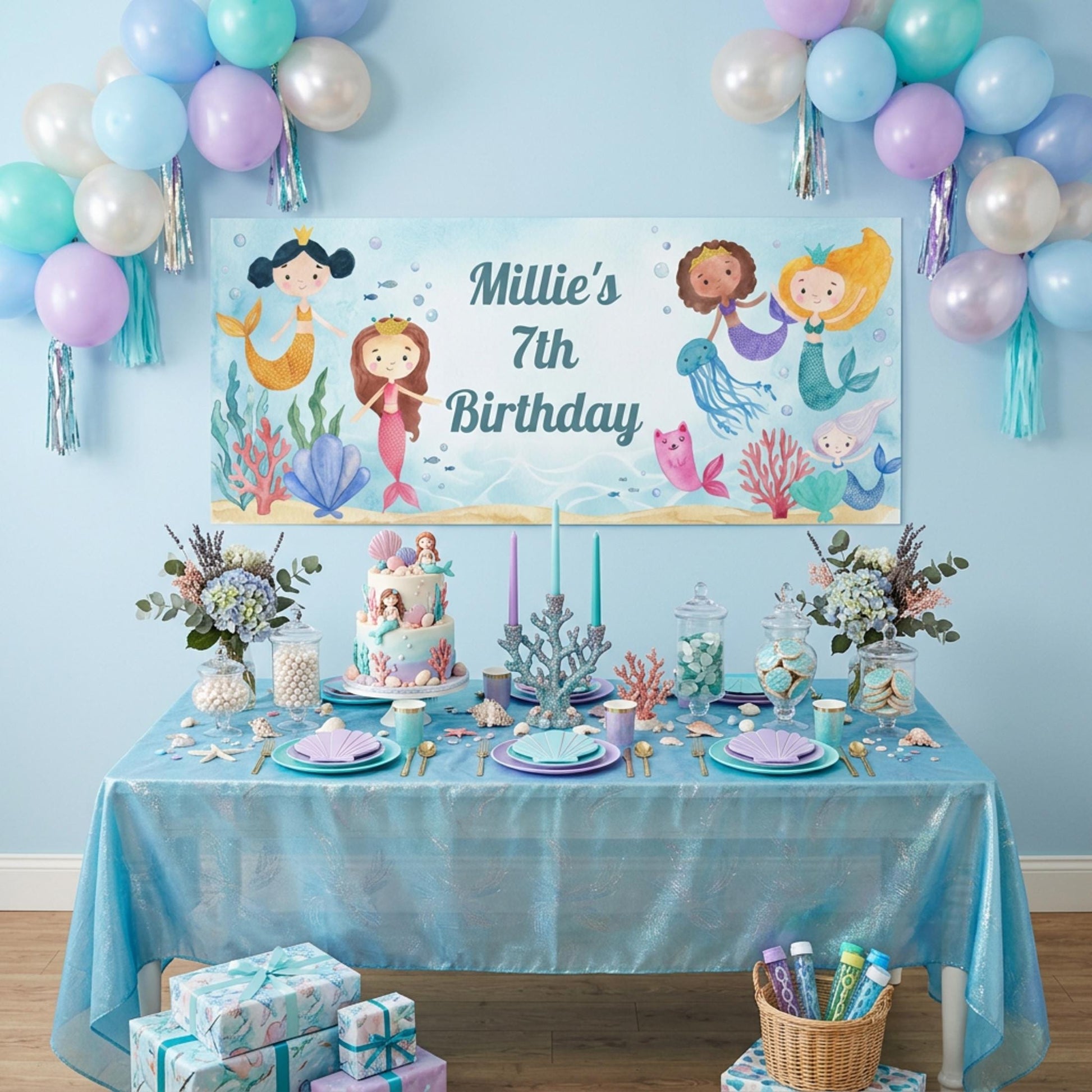 Personalised Mermaid Birthday Banner, Under the Sea Backdrop, Girls magical Ocean Poster