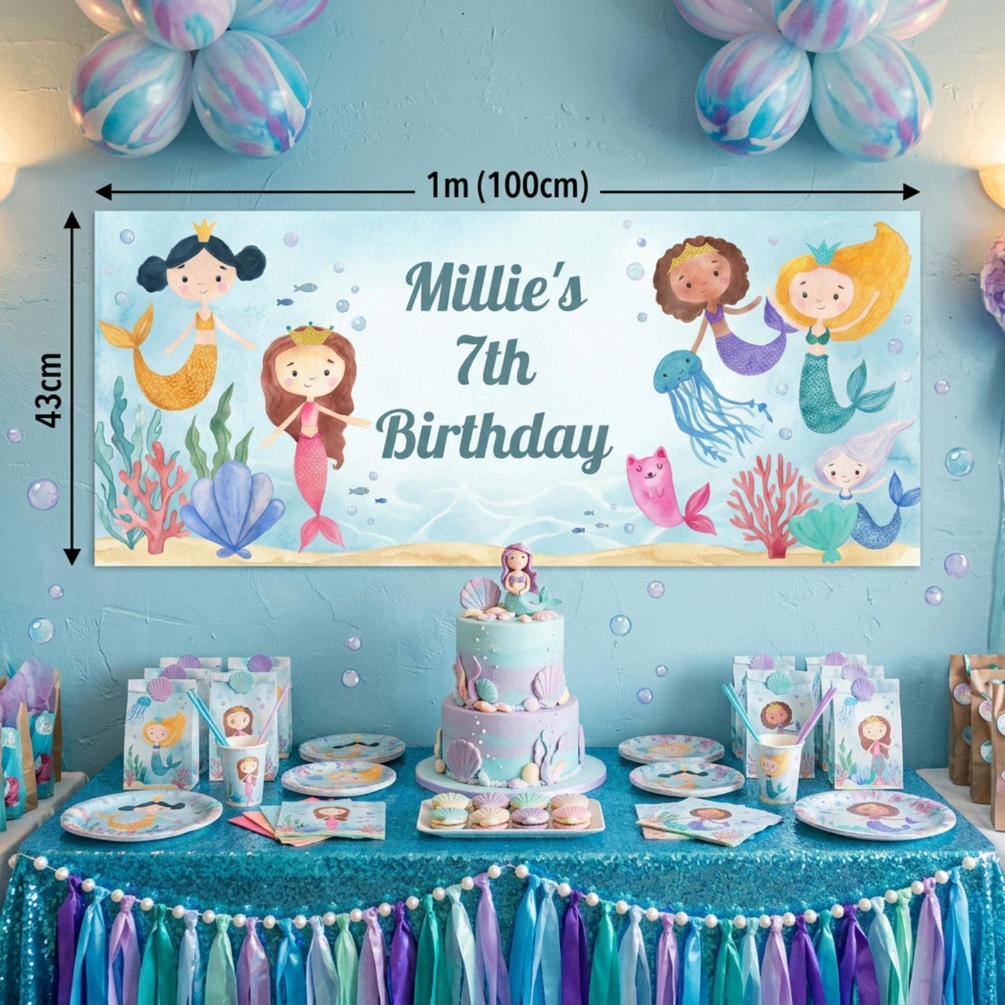 Personalised Mermaid Birthday Banner, Under the Sea Backdrop, Girls magical Ocean Poster