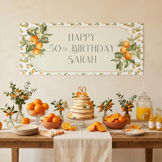 Personalised Orange Blossom Birthday Banner, Citrus Party Backdrop, Mediterranean Birthday Wedding Sign