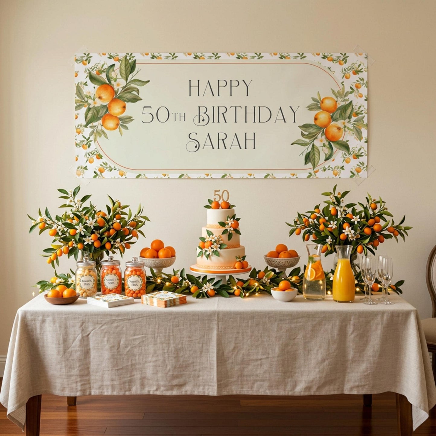 Personalised Orange Blossom Birthday Banner, Citrus Party Backdrop, Mediterranean Birthday Wedding Sign