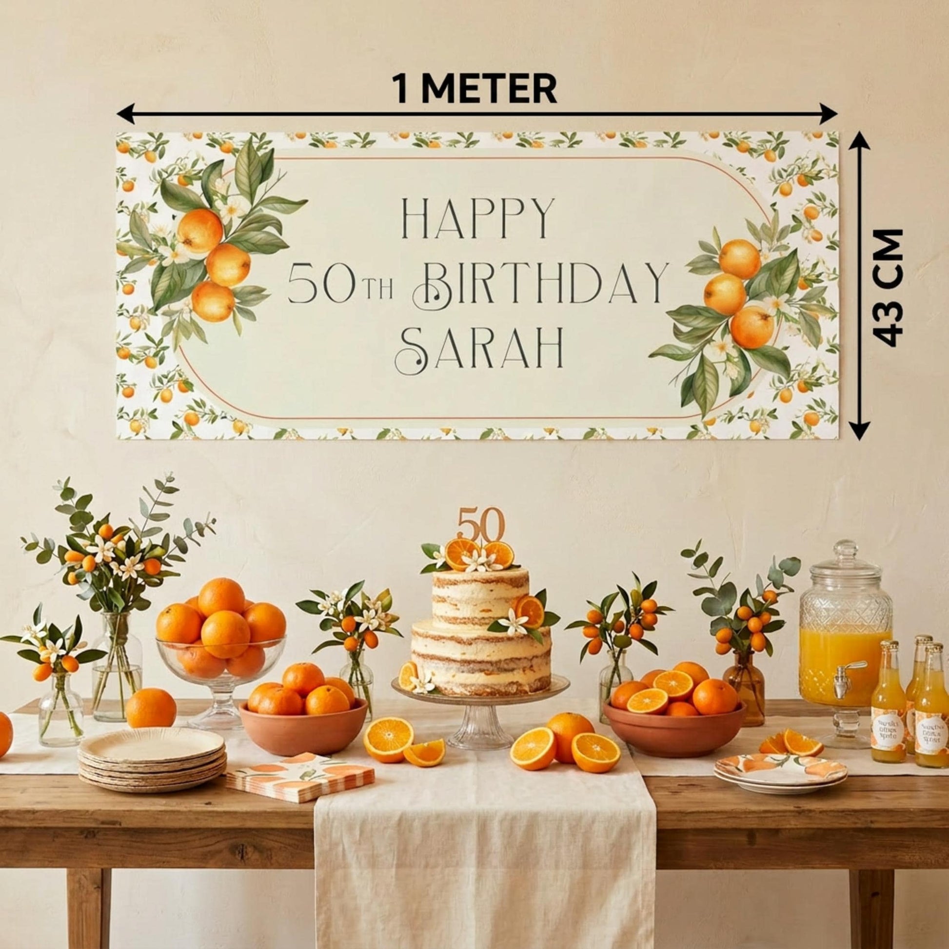 Personalised Orange Blossom Birthday Banner, Citrus Party Backdrop, Mediterranean Birthday Wedding Sign