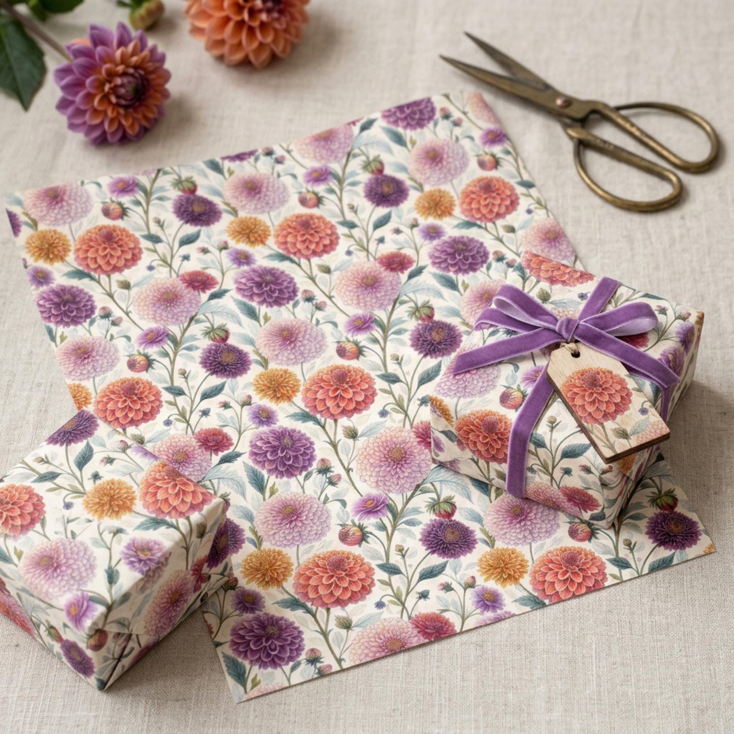 Vintage Dahlia Gift Wrap, Floral Wrapping Paper, Large size