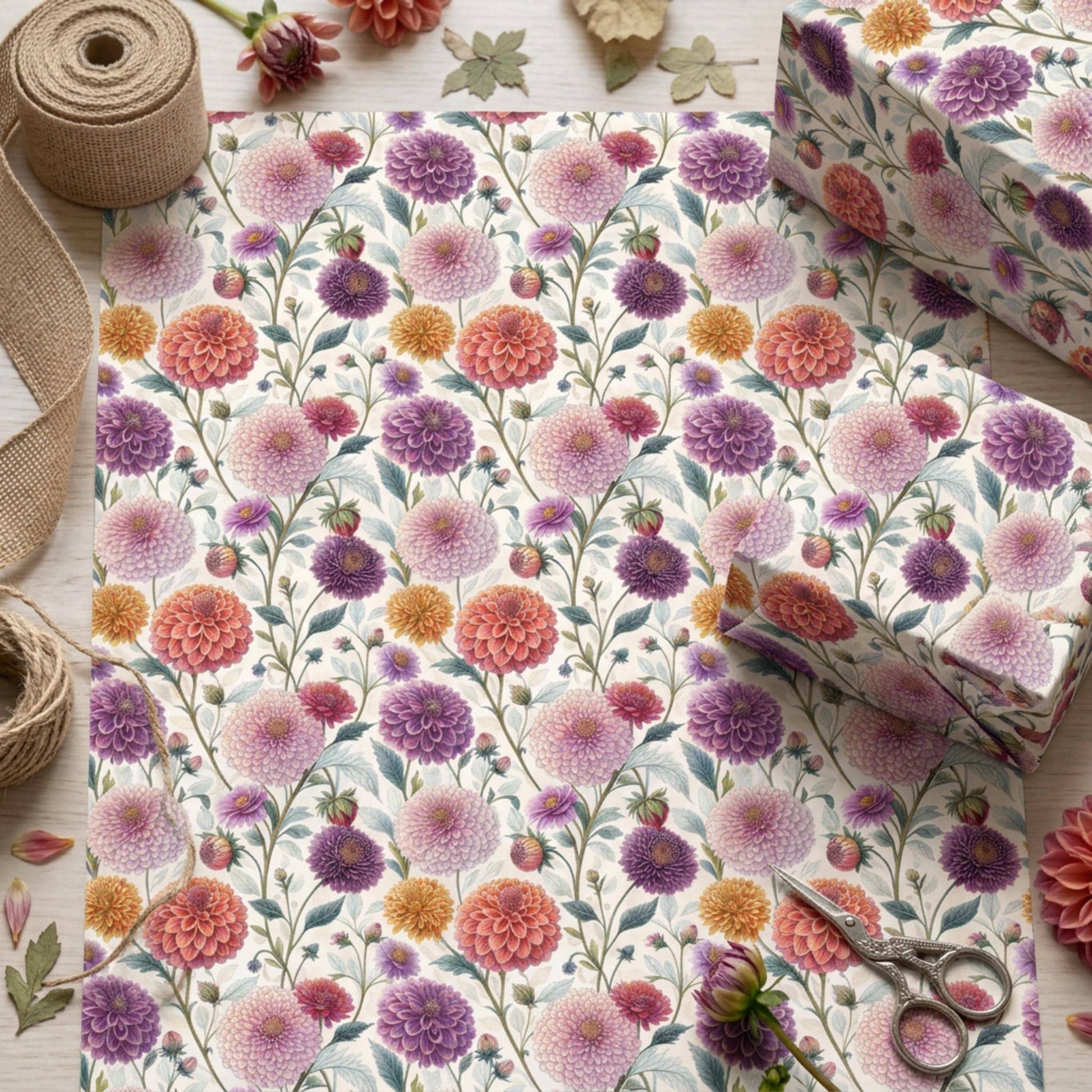 Vintage Dahlia Gift Wrap, Floral Wrapping Paper, Large size