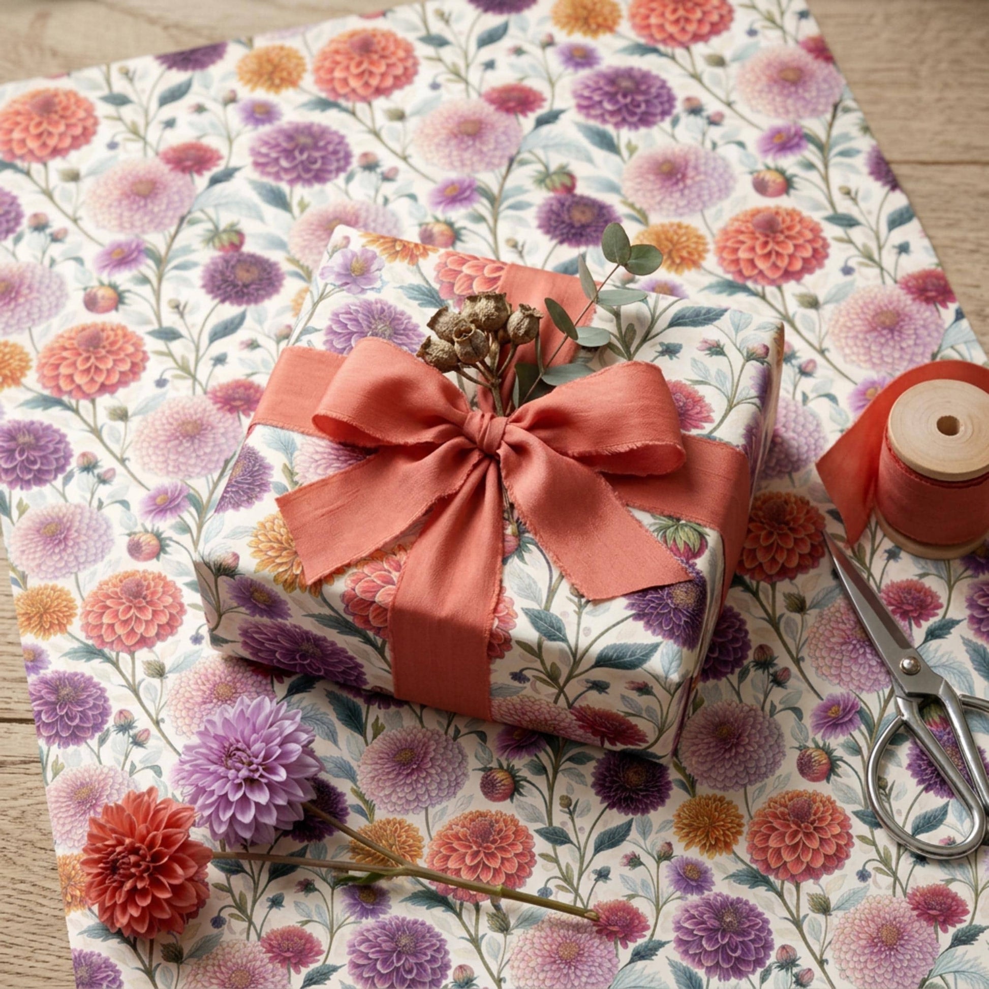Vintage Dahlia Gift Wrap, Floral Wrapping Paper, Large size