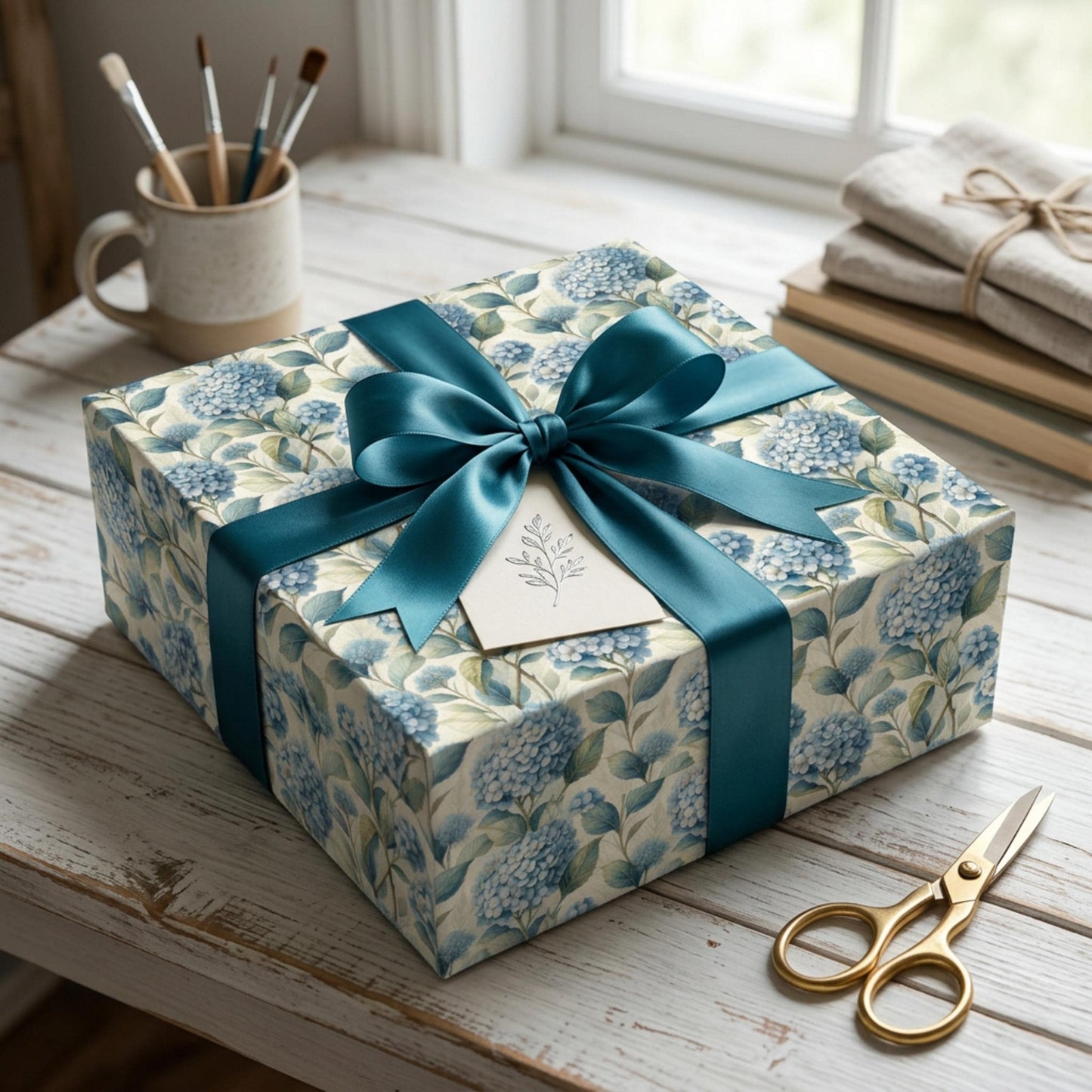 Blue Hydrangea Wrapping Paper, Floral Gift Wrap Sheet, Large Size