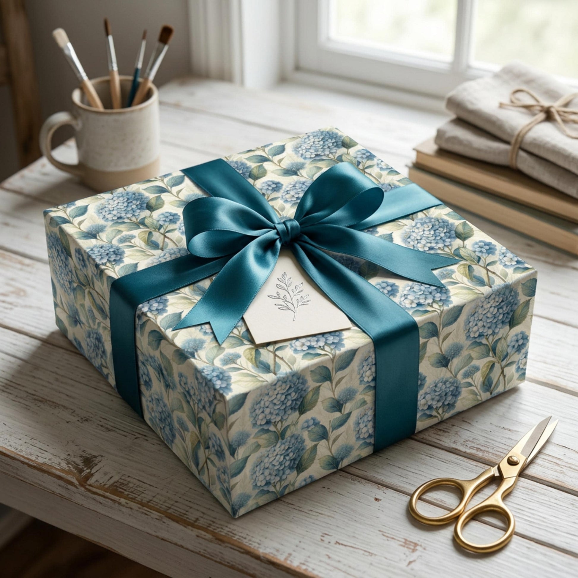 Blue Hydrangea Wrapping Paper, Floral Gift Wrap Sheet, Large Size