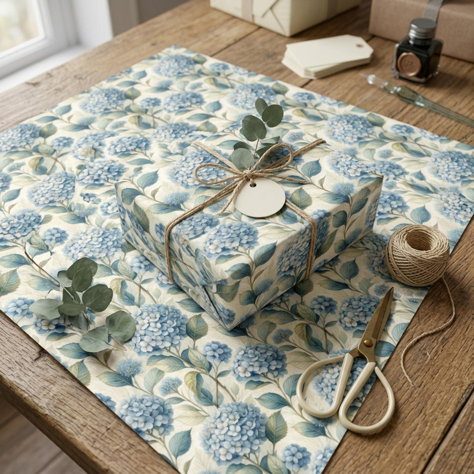 Blue Hydrangea Wrapping Paper, Floral Gift Wrap Sheet, Large Size