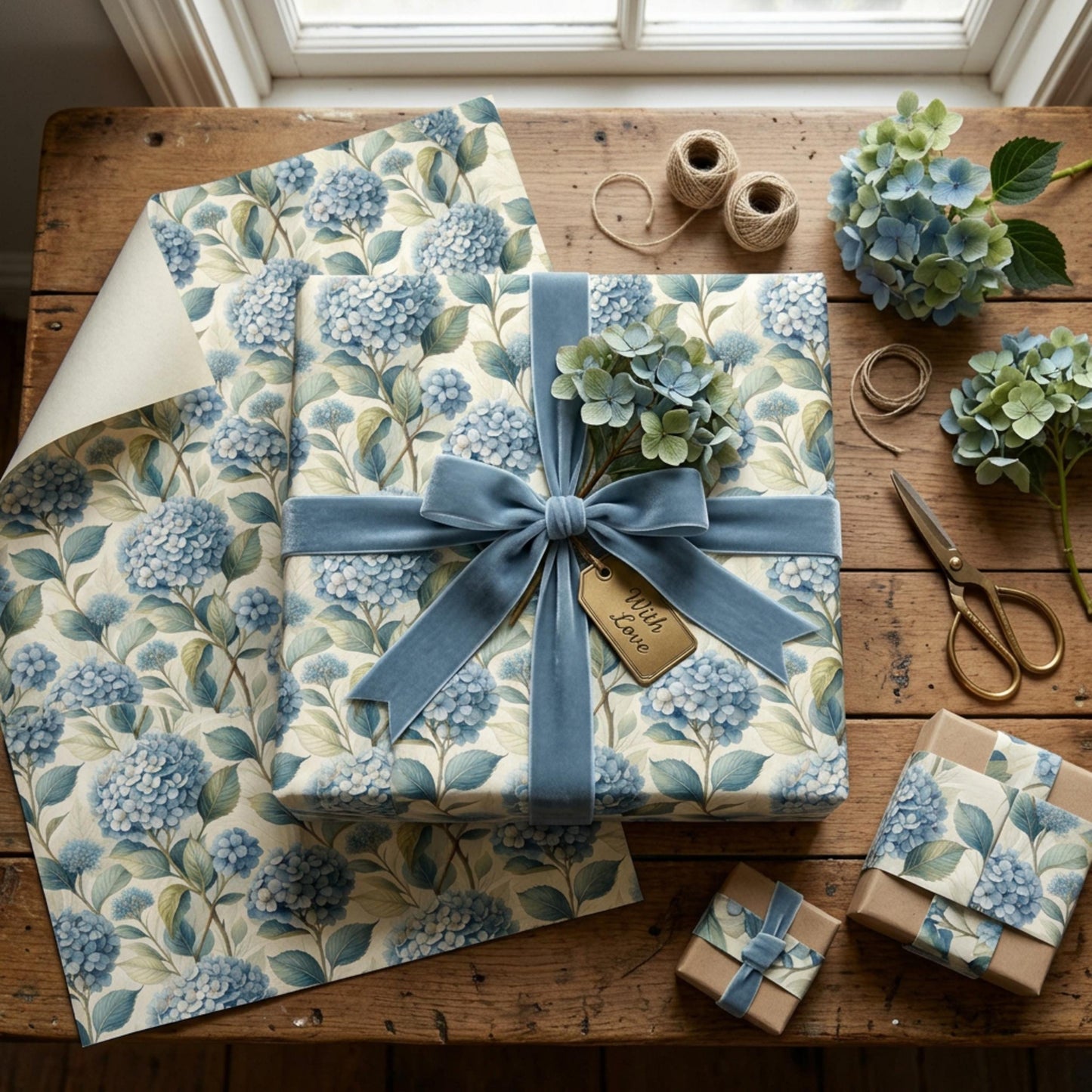 Blue Hydrangea Wrapping Paper, Floral Gift Wrap Sheet, Large Size