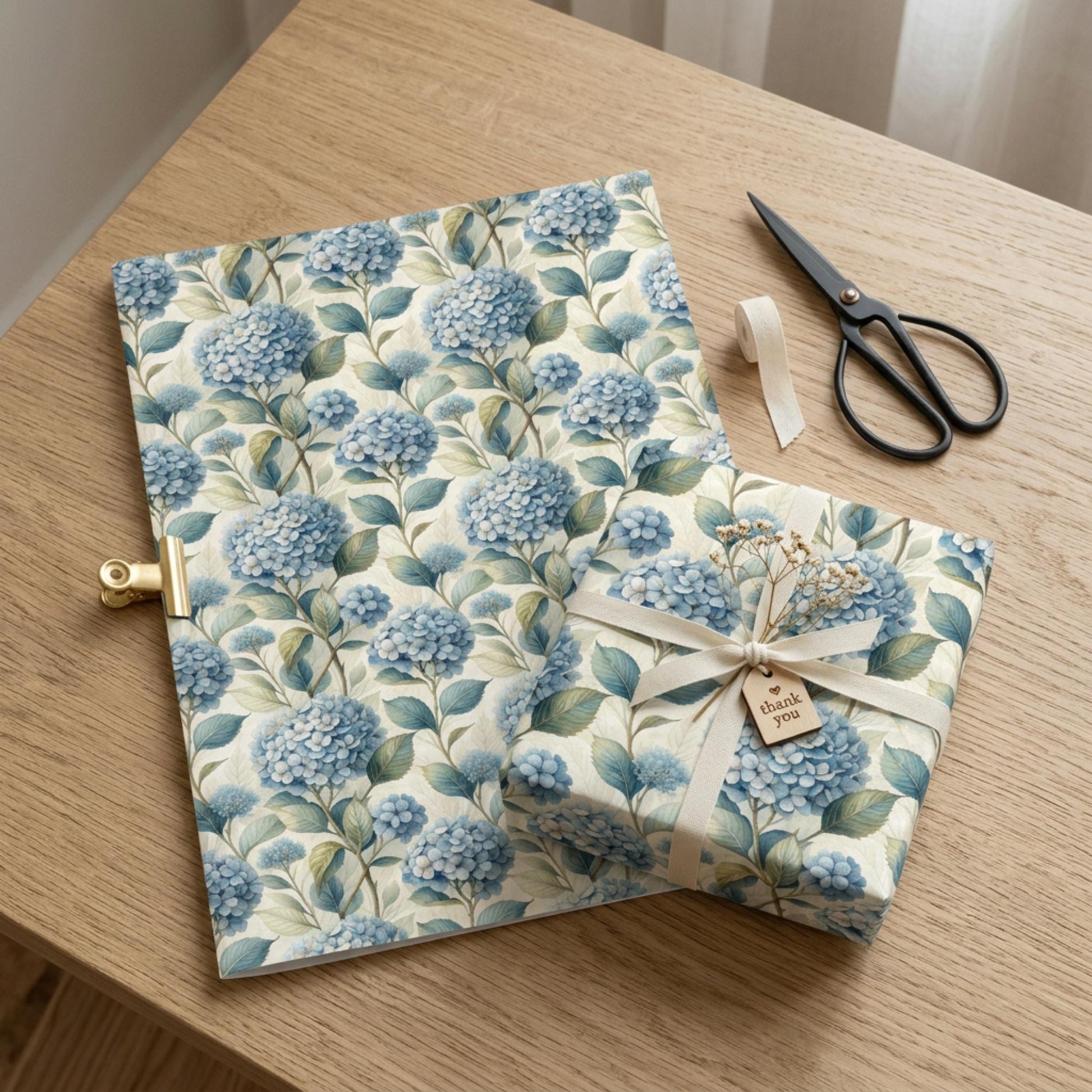 Blue Hydrangea Wrapping Paper, Floral Gift Wrap Sheet, Large Size