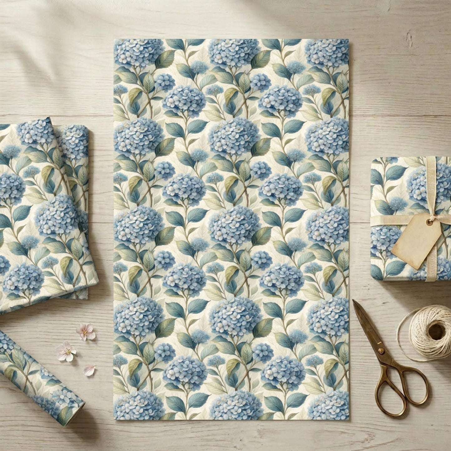 Blue Hydrangea Wrapping Paper, Floral Gift Wrap Sheet, Large Size