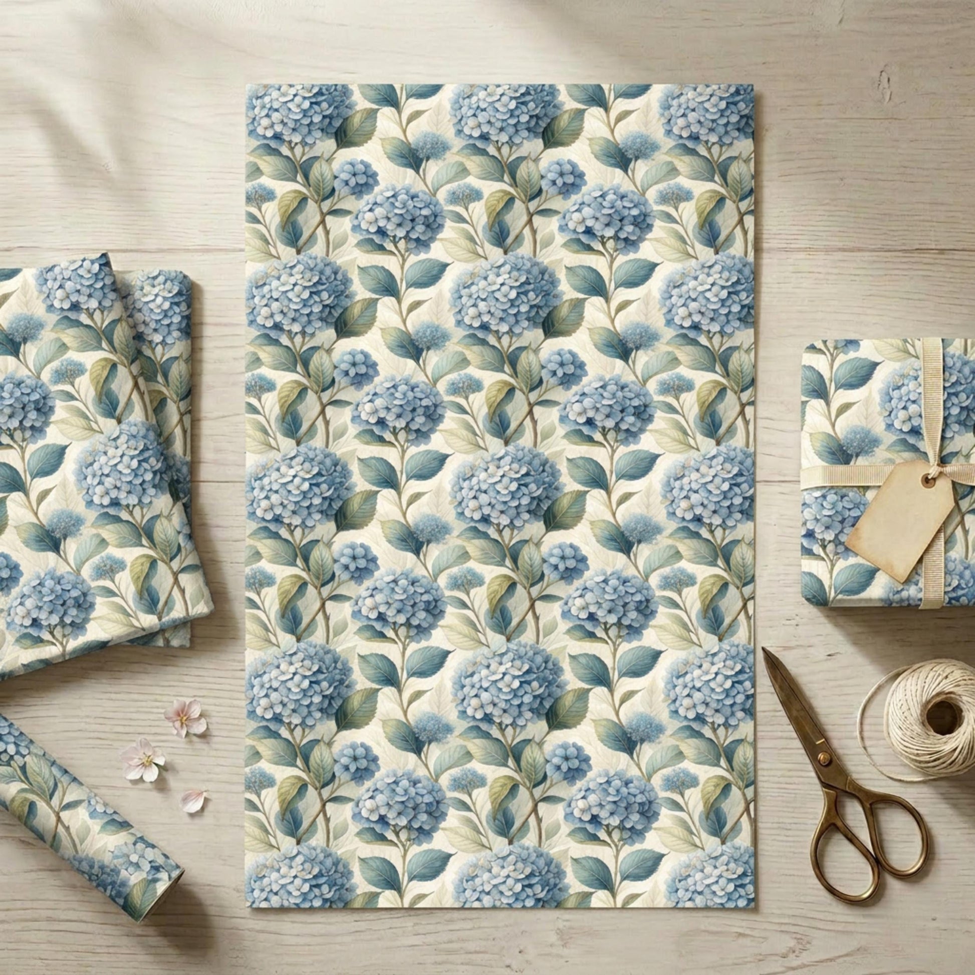 Blue Hydrangea Wrapping Paper, Floral Gift Wrap Sheet, Large Size