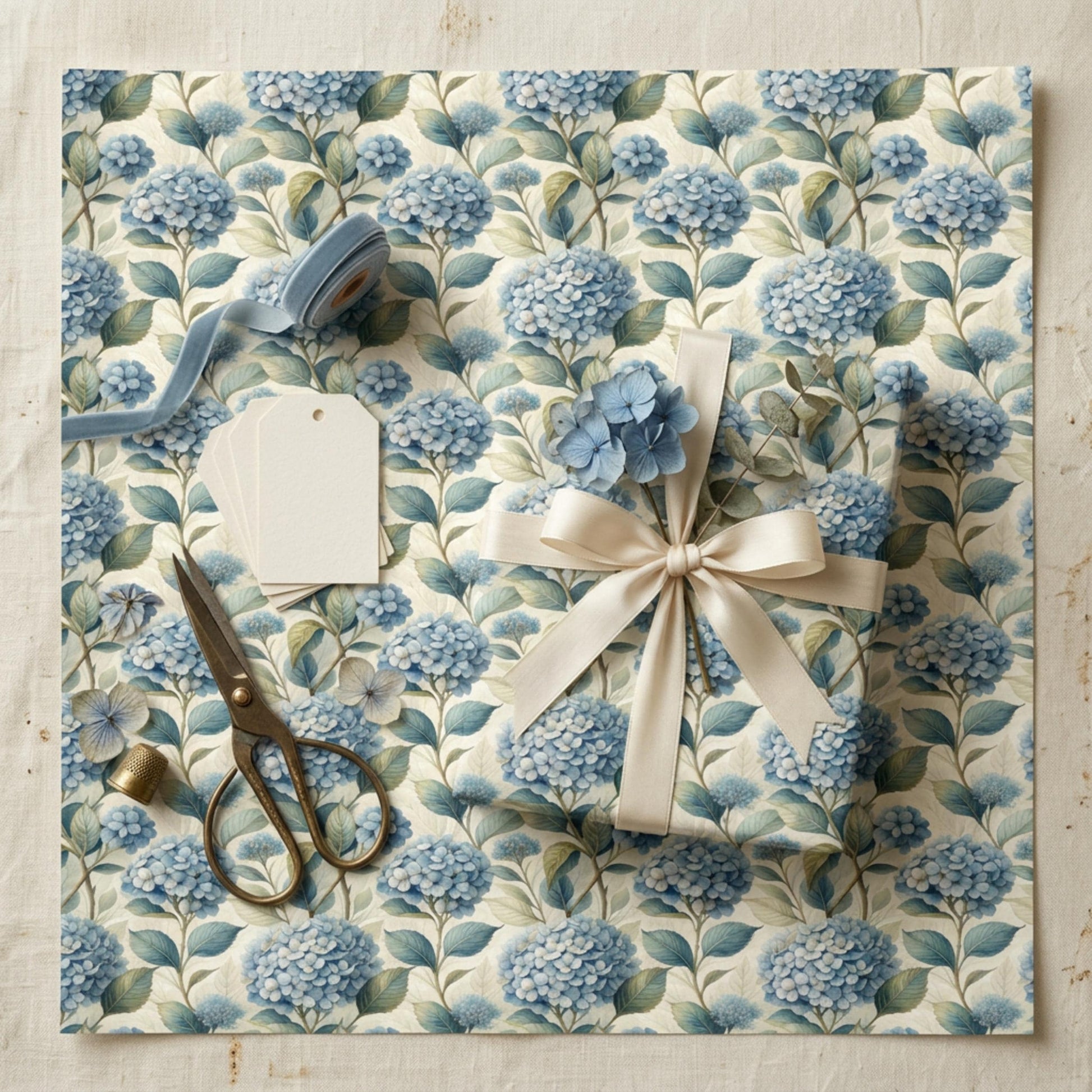 Blue Hydrangea Wrapping Paper, Floral Gift Wrap Sheet, Large Size