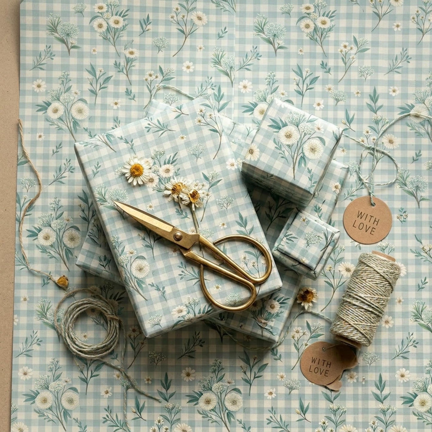 Blue Gingham Wrapping Paper, Daisy Floral Gift Wrap Sheet, Large Size