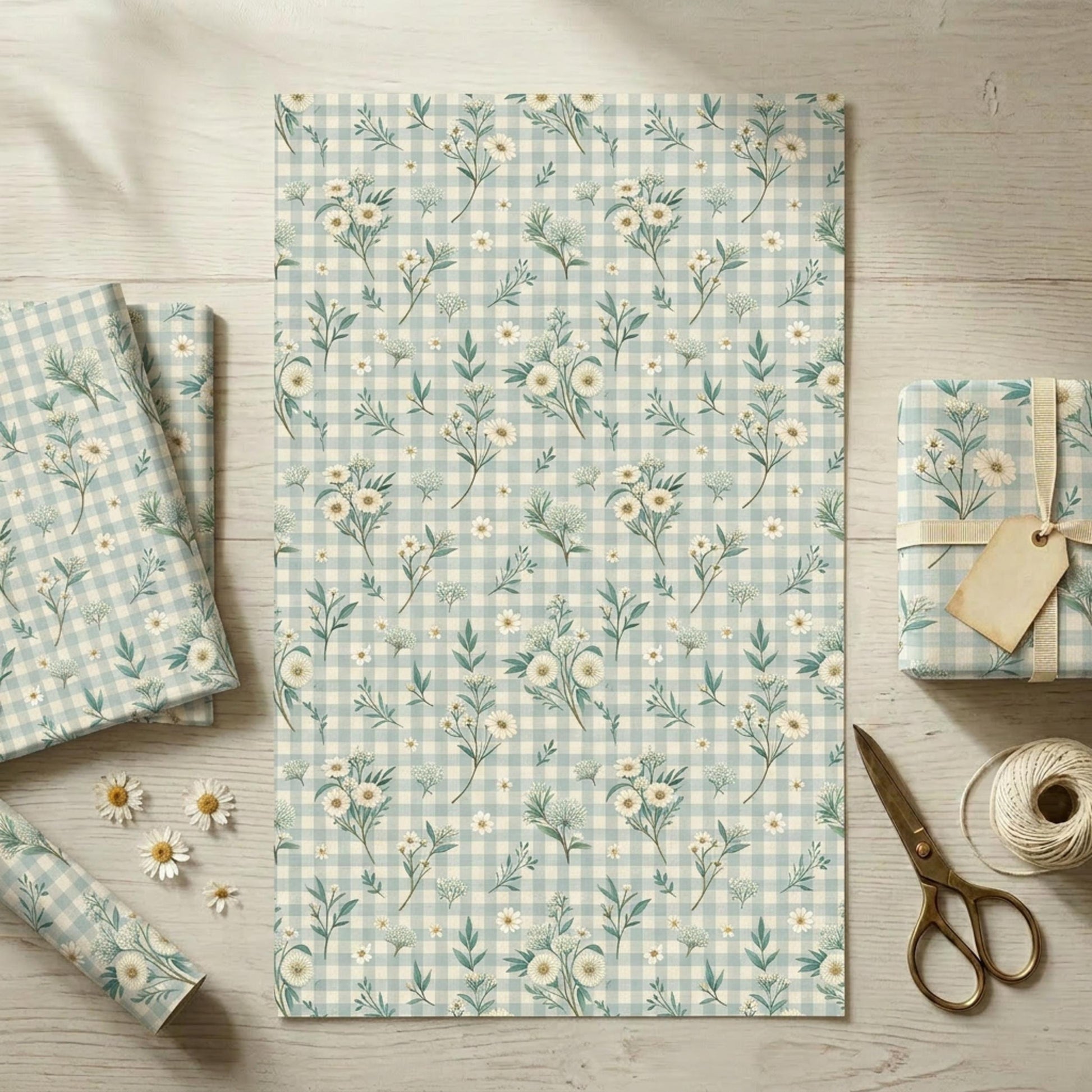 Blue Gingham Wrapping Paper, Daisy Floral Gift Wrap Sheet, Large Size
